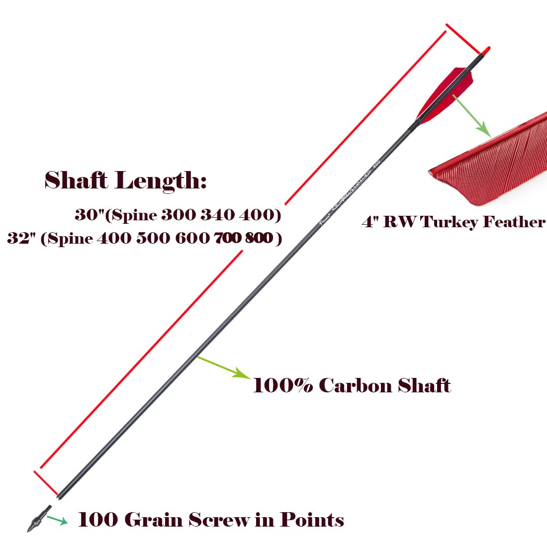 Pinals Archery 300 340 400 500 600 700 800 Spine Carbon Arrows for Compound Recurve Bow Traditional Longbow 30 32 Inch Shafts Hunting Target Feather Arrow 12PCS 700