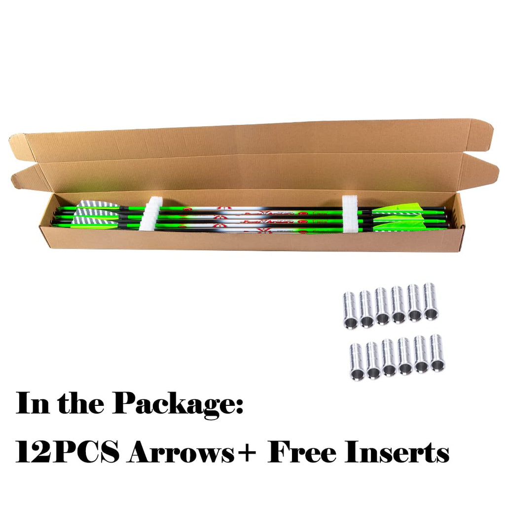 QunYing 300 340 400 500 600 Spine Traditional Archery Carbon Feather Arrows 31 Inch for Recurve Compound Bow Longbow Hunting Targets Arrow 12PCS Green 600