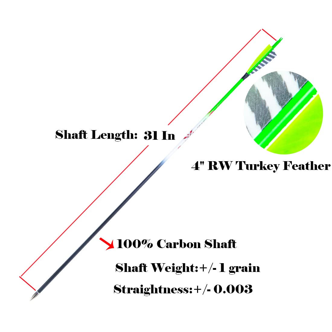 QunYing 300 340 400 500 600 Spine Traditional Archery Carbon Feather Arrows 31 Inch for Recurve Compound Bow Longbow Hunting Targets Arrow 12PCS Green 600