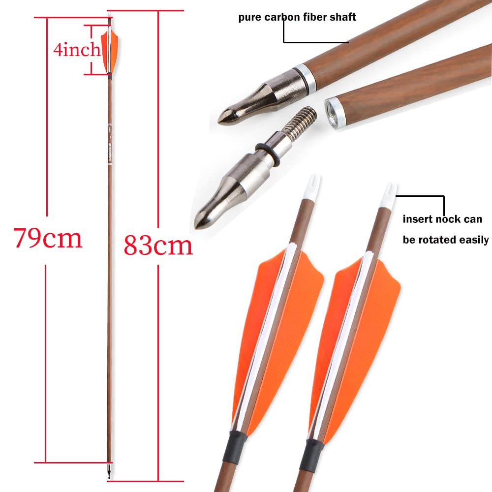 ZSHJGJR 31" Archery Carbon Arrows Spine 340 400 500 600 Hunting Arrows with Removable Tips Natural Feather Targeting Arrows for Compound & Recurve & Traditional Bow 6/12pcs (6, Orange, Spine 400)