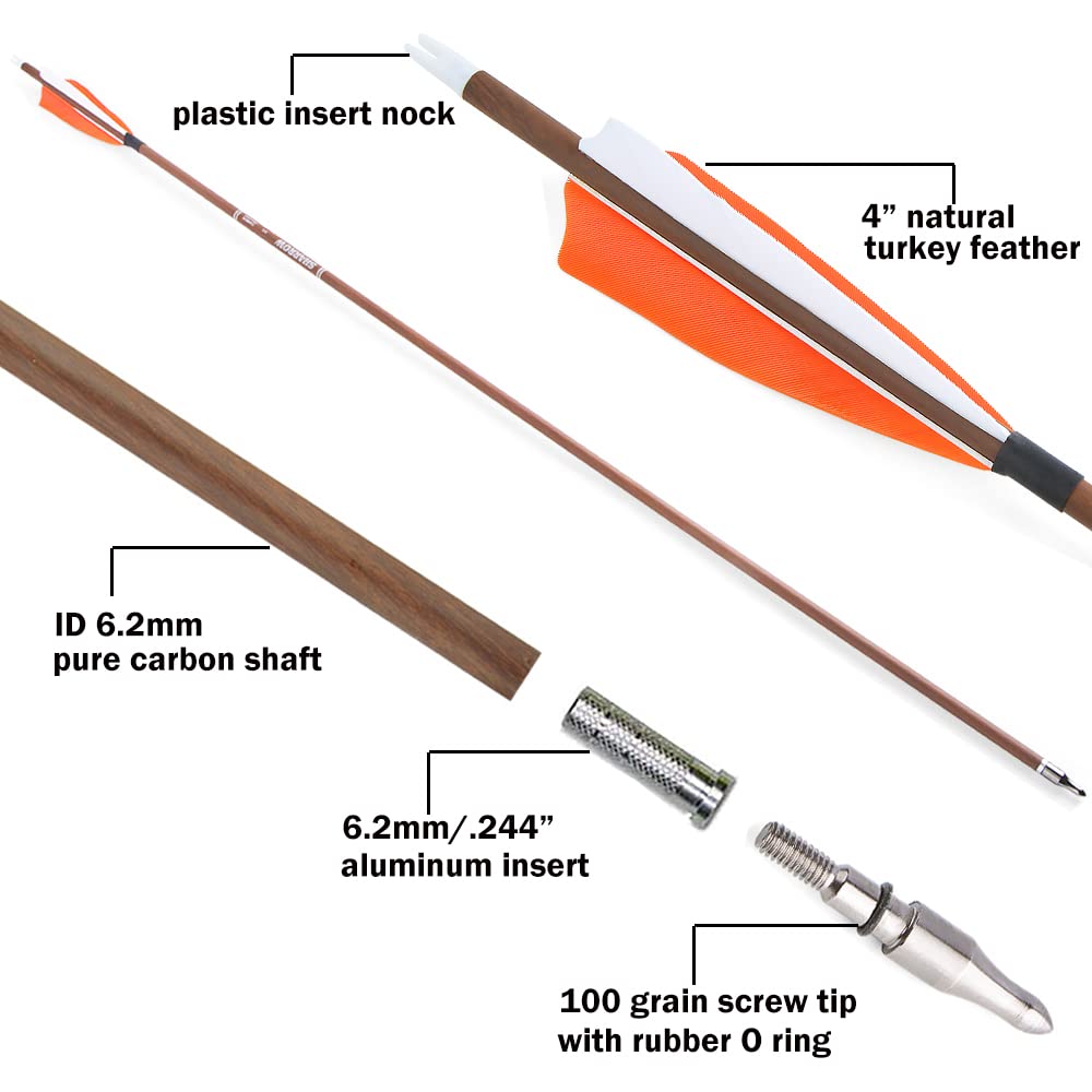 ZSHJGJR 31" Archery Carbon Arrows Spine 340 400 500 600 Hunting Arrows with Removable Tips Natural Feather Targeting Arrows for Compound & Recurve & Traditional Bow 6/12pcs (6, Orange, Spine 400)
