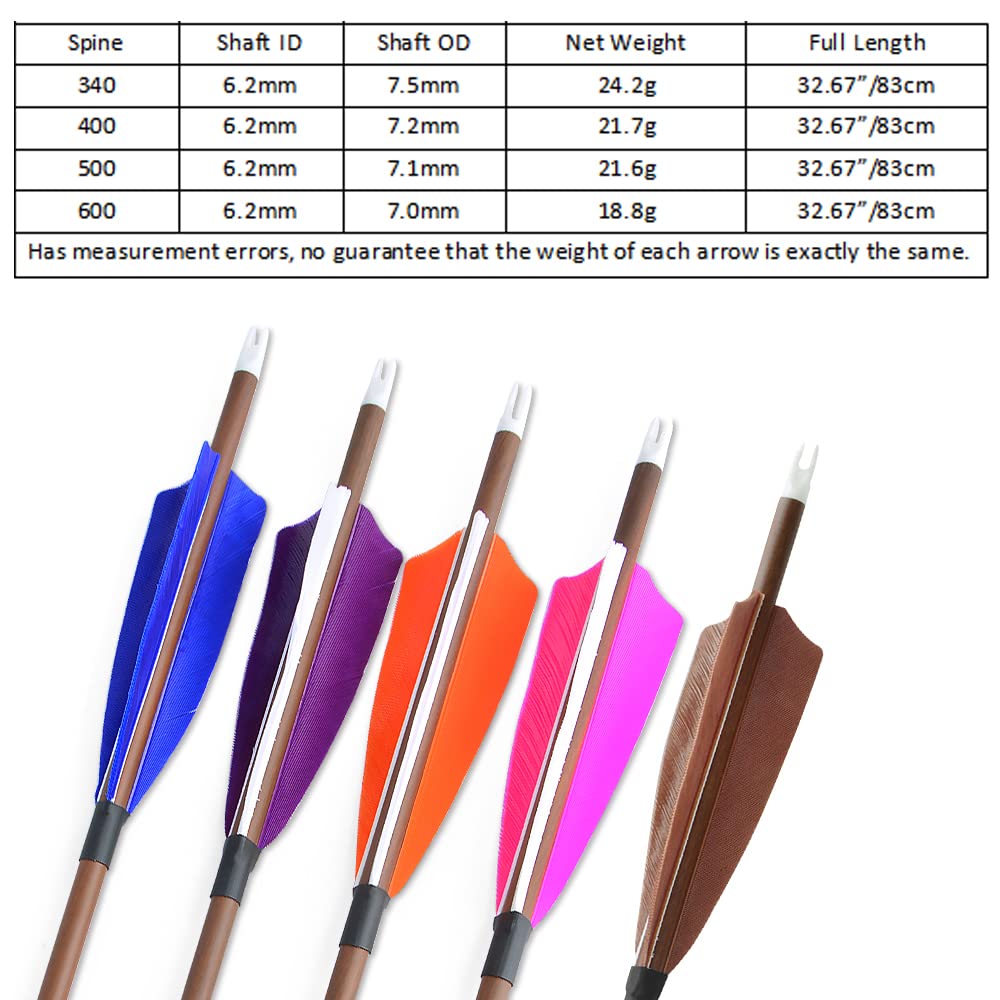 ZSHJGJR 31" Archery Carbon Arrows Spine 340 400 500 600 Hunting Arrows with Removable Tips Natural Feather Targeting Arrows for Compound & Recurve & Traditional Bow 6/12pcs (6, Orange, Spine 400)