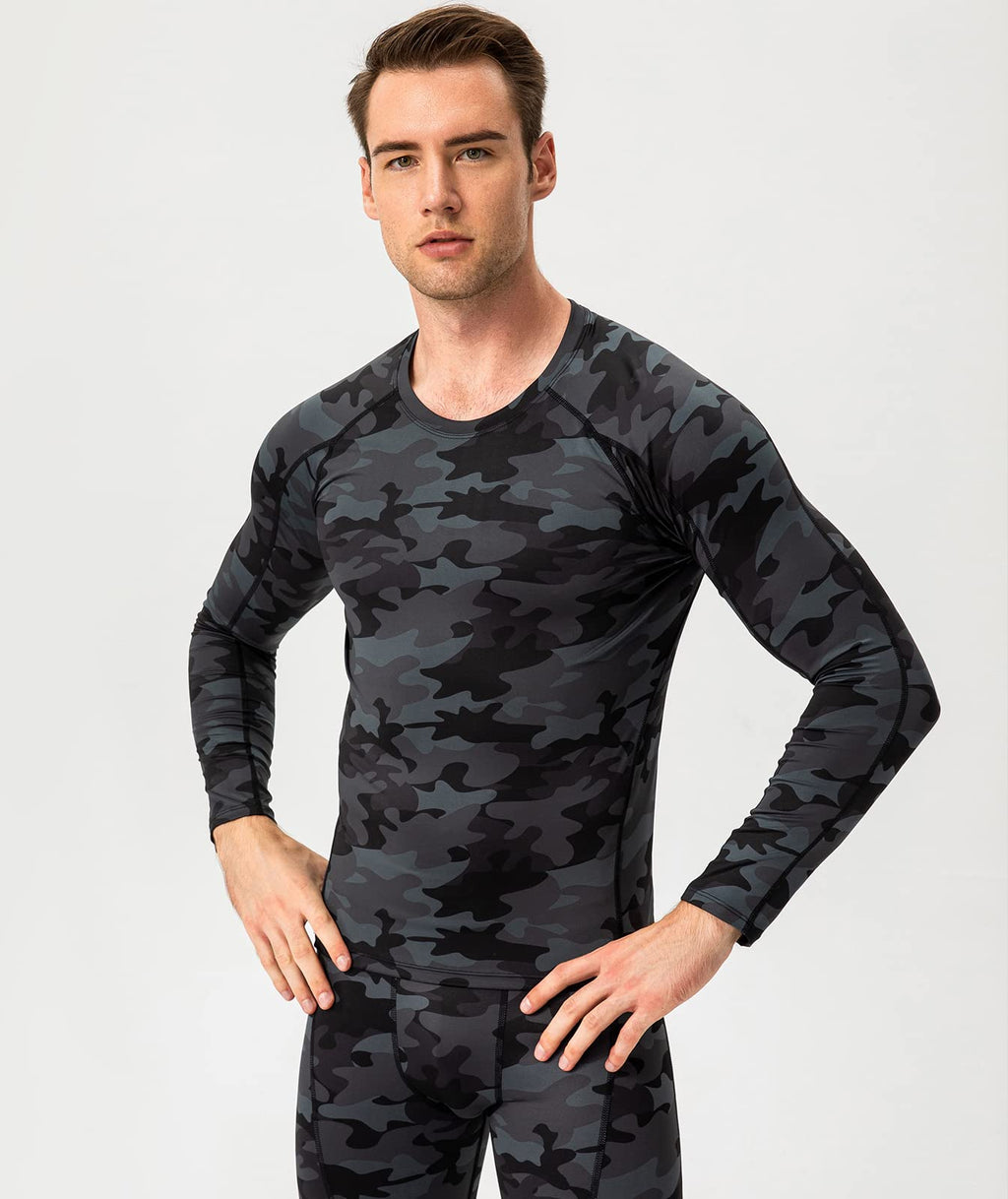 Camo Black Men's Compression Shirt Long Sleeve Athletic Workout T-Shirts Top Active Sport Baselayer Undershirt Cool Dry
