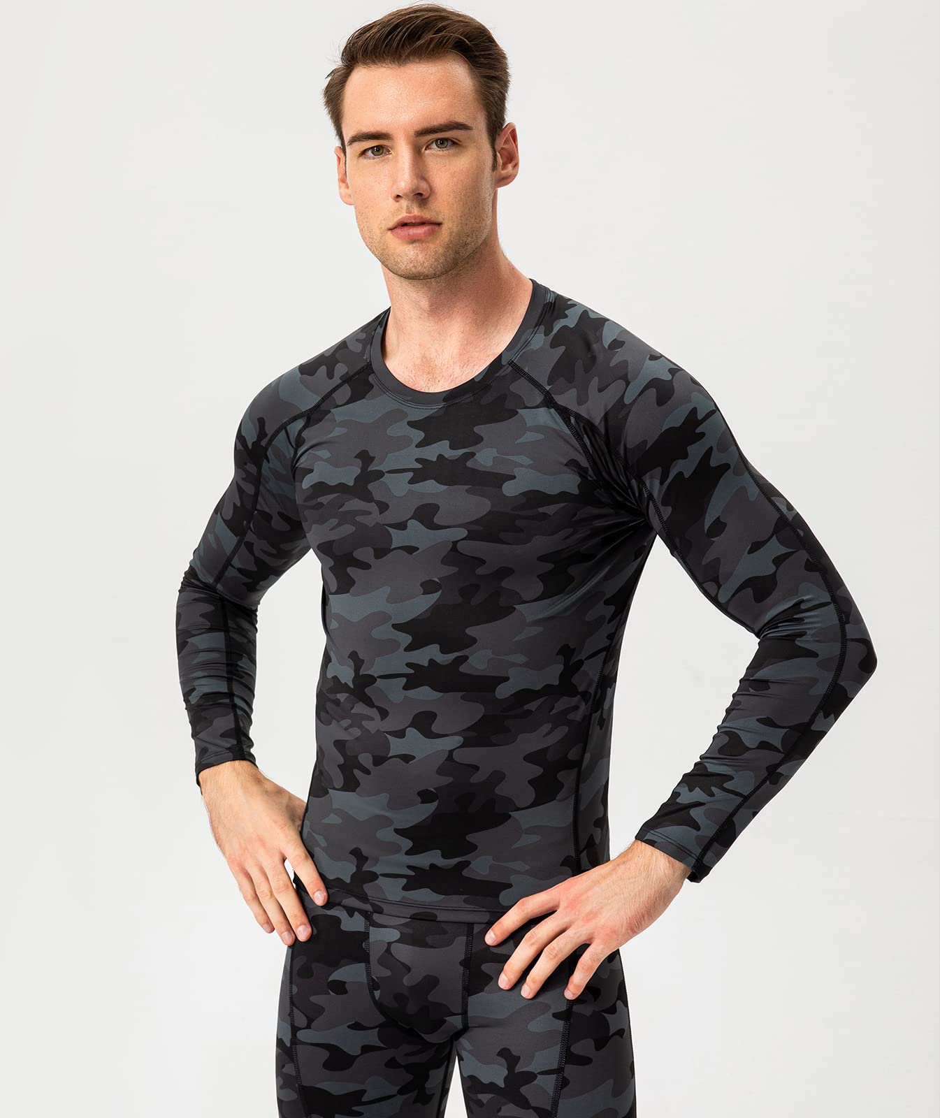 Camo Black Men's Compression Shirt Long Sleeve Athletic Workout T-Shirts Top Active Sport Baselayer Undershirt Cool Dry