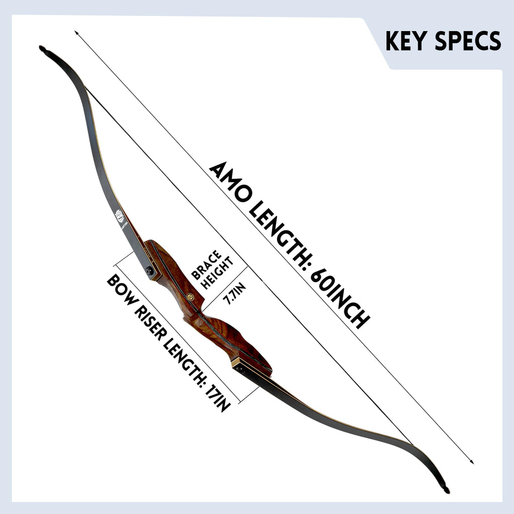 ARCTIRA Archery Recurve Bow Takedown Traditional Hunting Bow 30-50lb with Bamboo Core Limbs and Wooden Riser for Adults Beginner Target Practice 60 inches (Brown-Black, Right Hand, 40, Pounds)