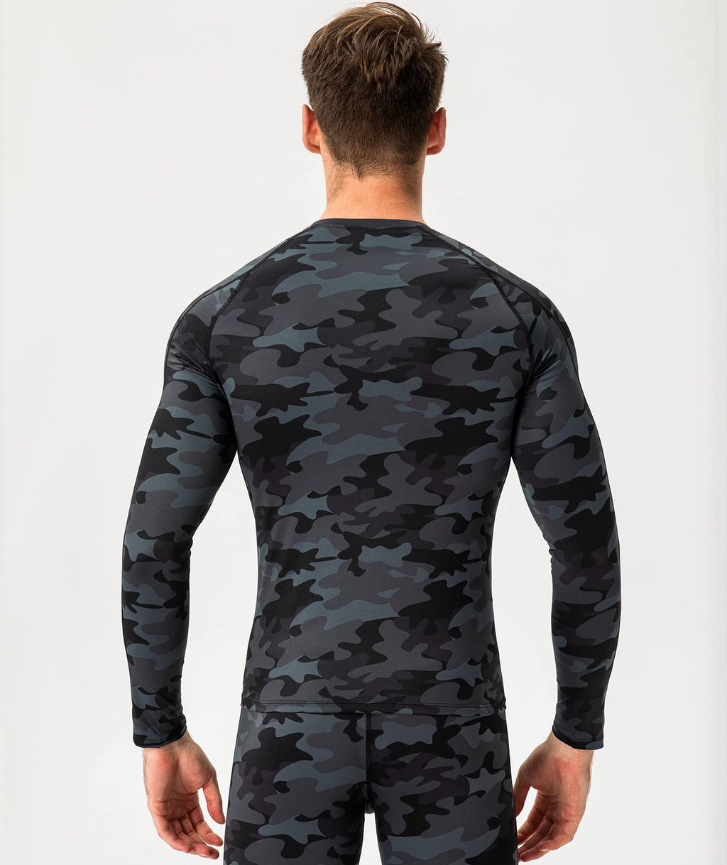 Camo Black Men's Compression Shirt Long Sleeve Athletic Workout T-Shirts Top Active Sport Baselayer Undershirt Cool Dry
