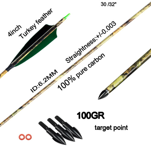 Archery 30" 32" 400 500 Spine Carbon Hunting Arrows Turkey Feather for Compound Recurve Bow Longbow Practice Target Camo Arrow Pack of 12PCS