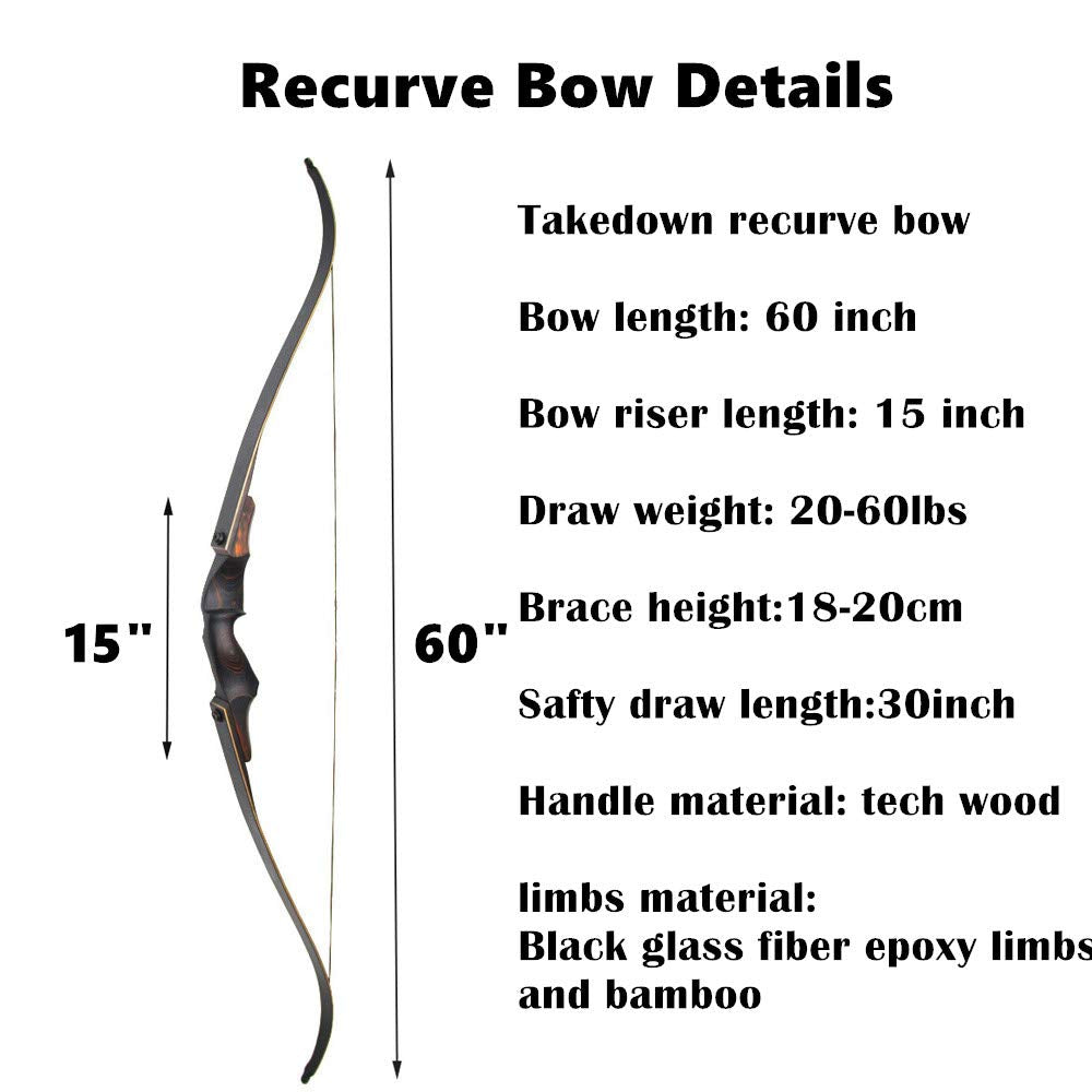 60" Black Hunter Takedown Recurve Bow 20-60 Lbs Traditional Wood Right Handed Bow American Hunting Longbow for Hunting Target Practice (Black Brown, 25 Lbs)