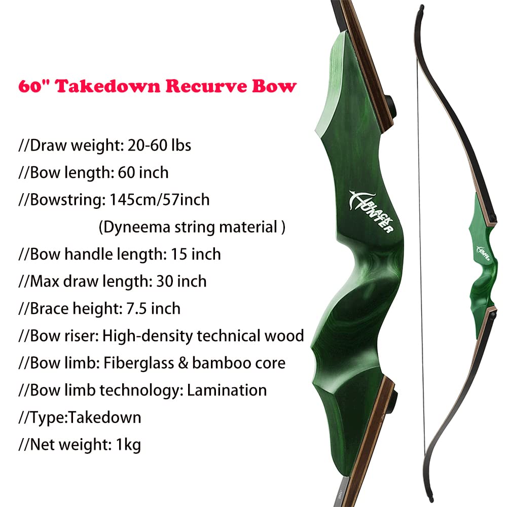 ZSHJGJR 60” Black Hunter Original Recurve Bow and Arrow Set 20-60lbs American Hunting Longbow Archery Bow Right/Left Handed for Outdoor Hunting Shooting Practice (Green, 45lbs, Left Hand)