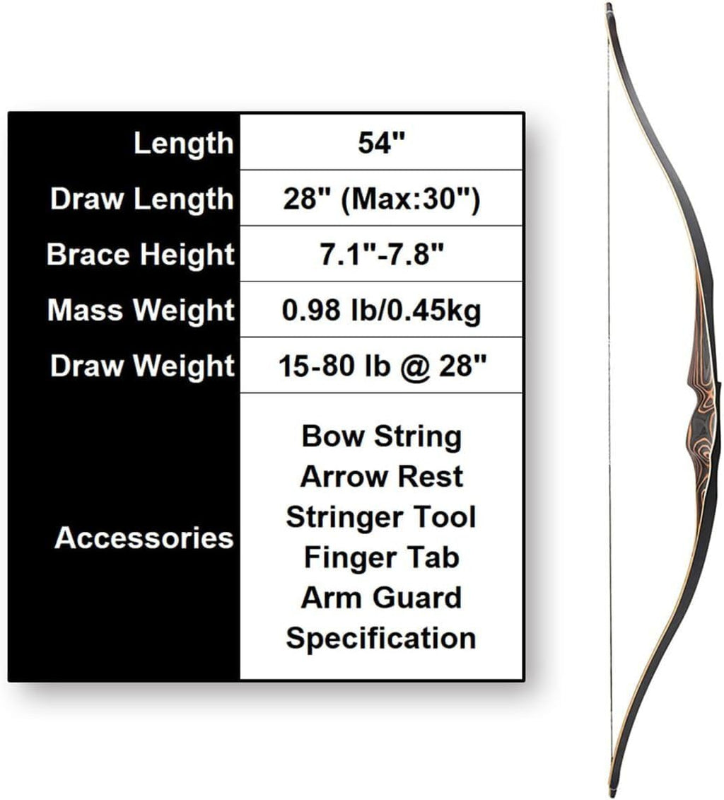 Deerseeker Outdoor Archery 54" Traditional Bow Hunting Longbow with Bamboo Core Limbs Handmade Recurve Bow RH/LH for Targeting Practice Shooting Youth & Adults Bow Set (30lb, Right Hand)