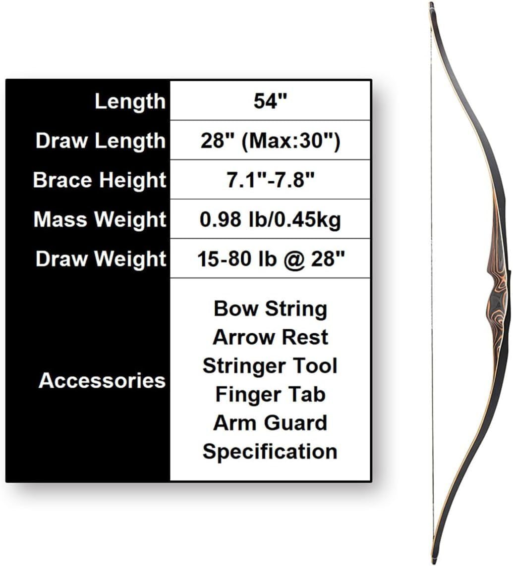 Deerseeker Outdoor Archery 54" Traditional Bow Hunting Longbow with Bamboo Core Limbs Handmade Recurve Bow RH/LH for Targeting Practice Shooting Youth & Adults Bow Set (30lb, Right Hand)
