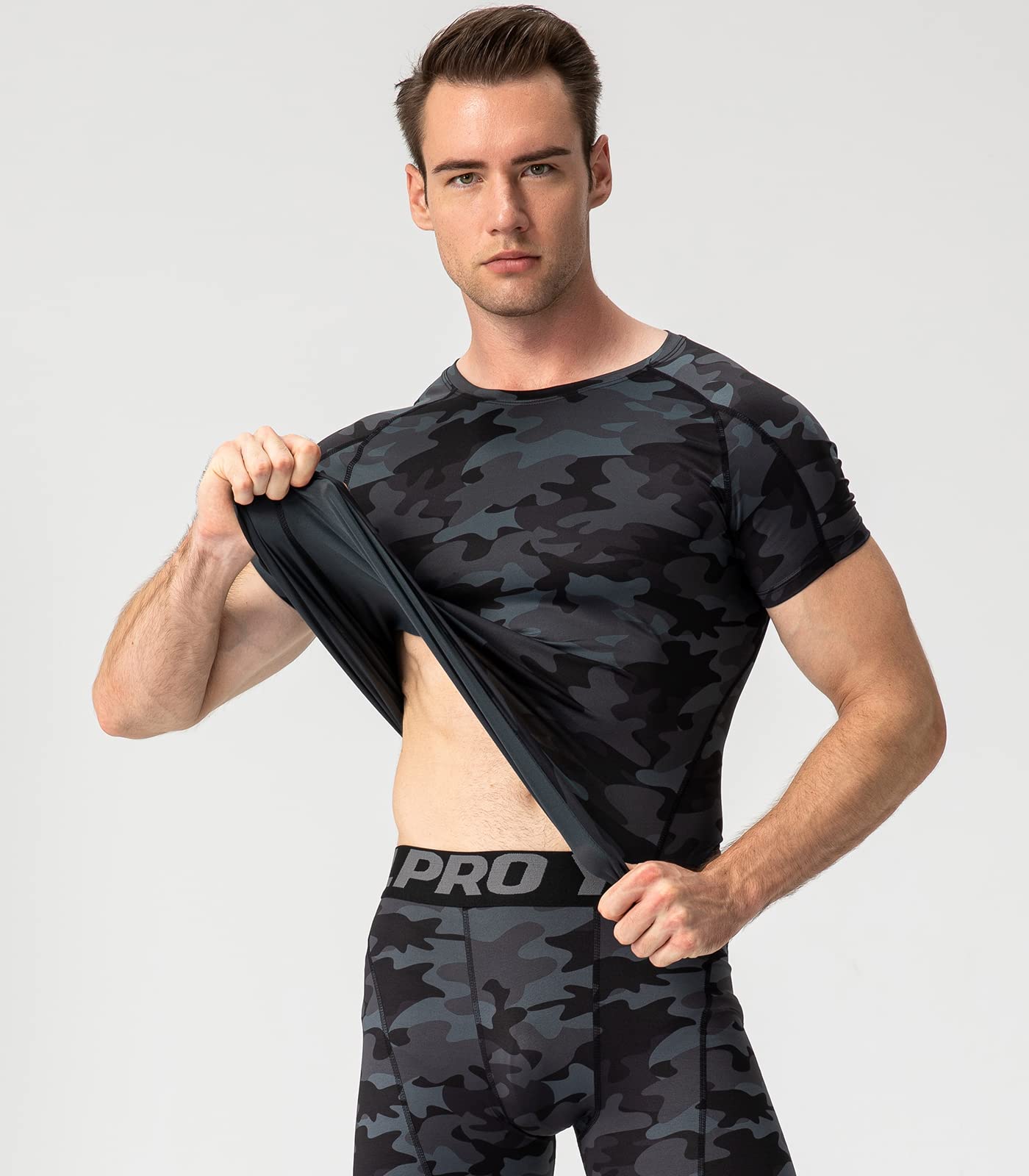 Camo Black Compression Shirts Men Short Sleeve Workout Gym T-Shirt Running Tops Cool Dry Sports Base Layer Undershirts
