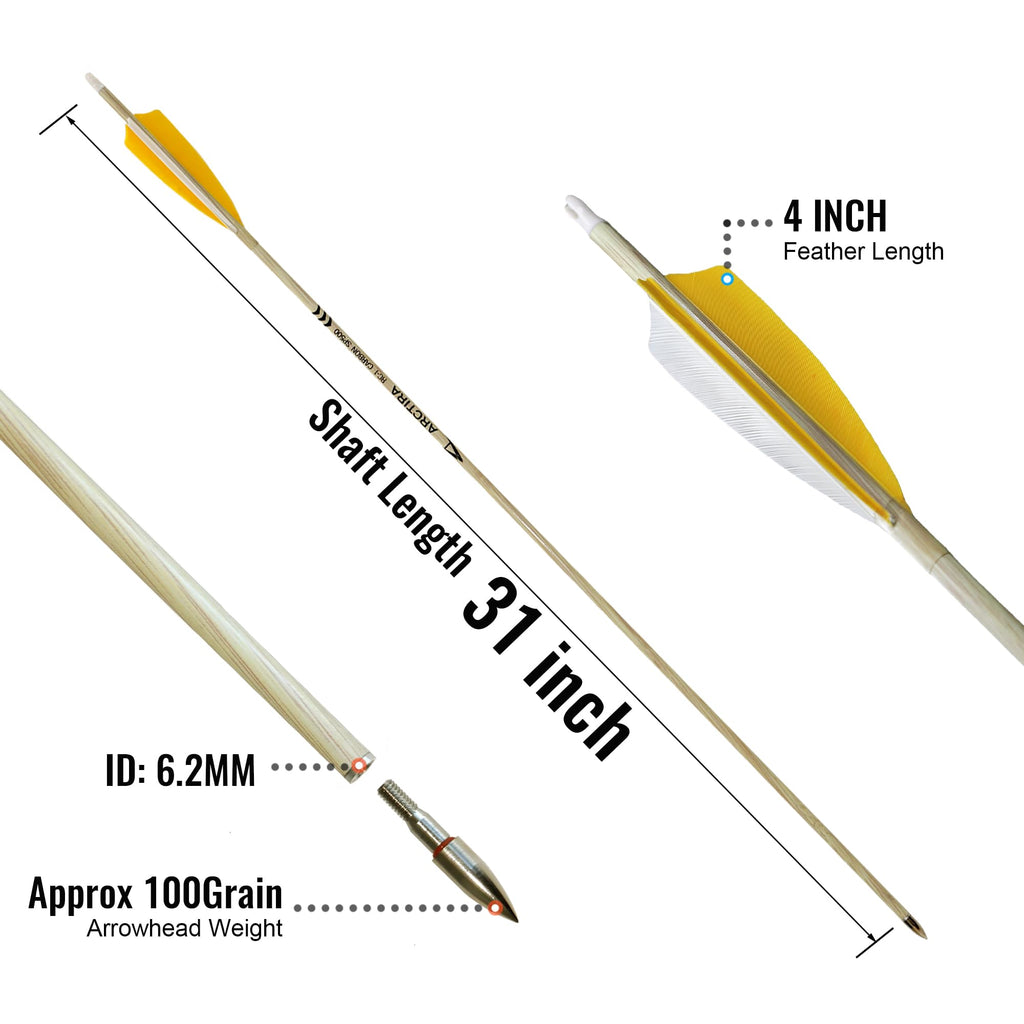 ARCTIRA 12Pcs Archery Traditional Carbon Arrows for Recurve Bow with Feather for Longbow Compound Bow Lightweight Hunting Arrows for Adults Target Practice (White Shaft, 600 Spine)