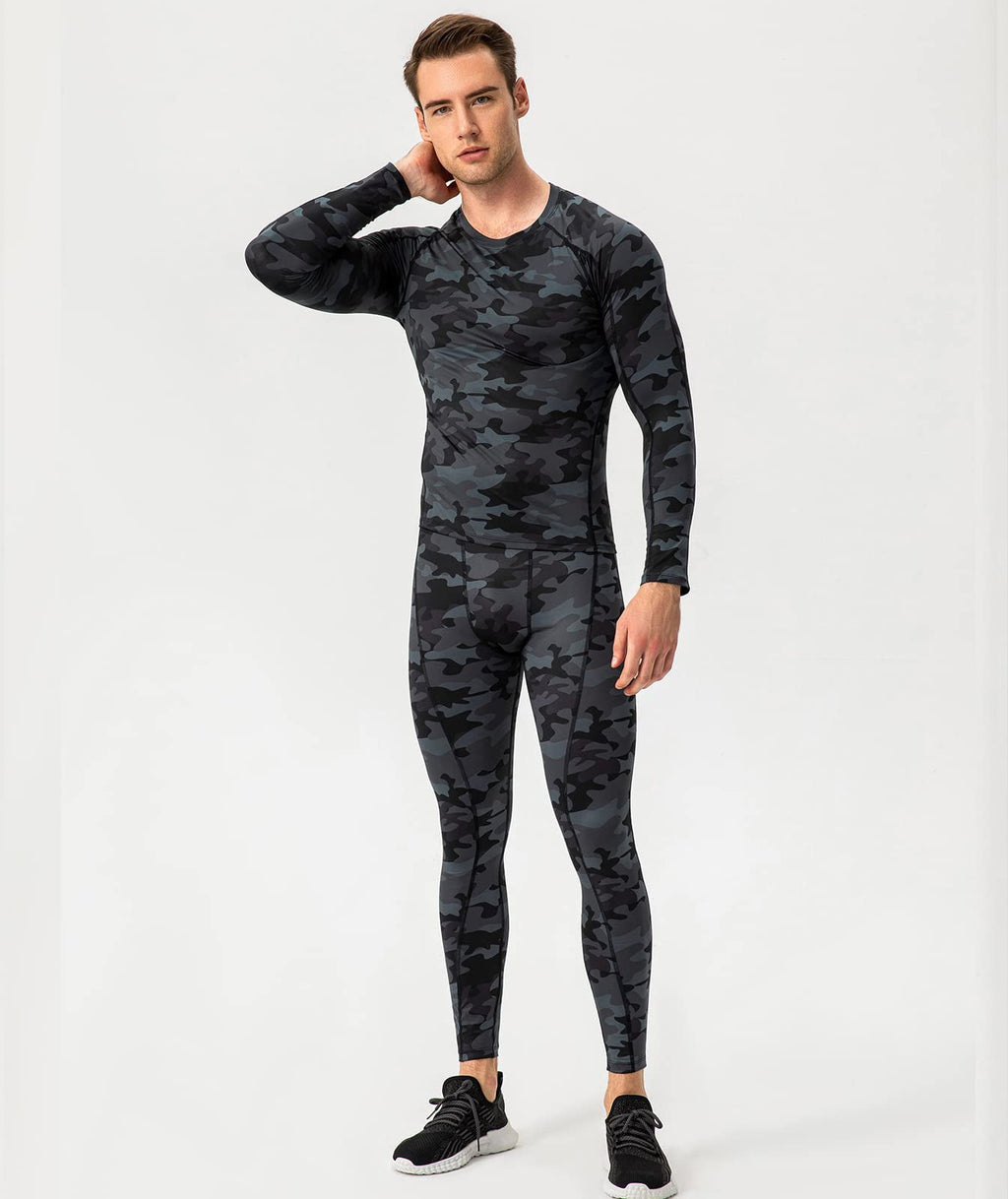 Camo Black Men's Compression Shirt Long Sleeve Athletic Workout T-Shirts Top Active Sport Baselayer Undershirt Cool Dry