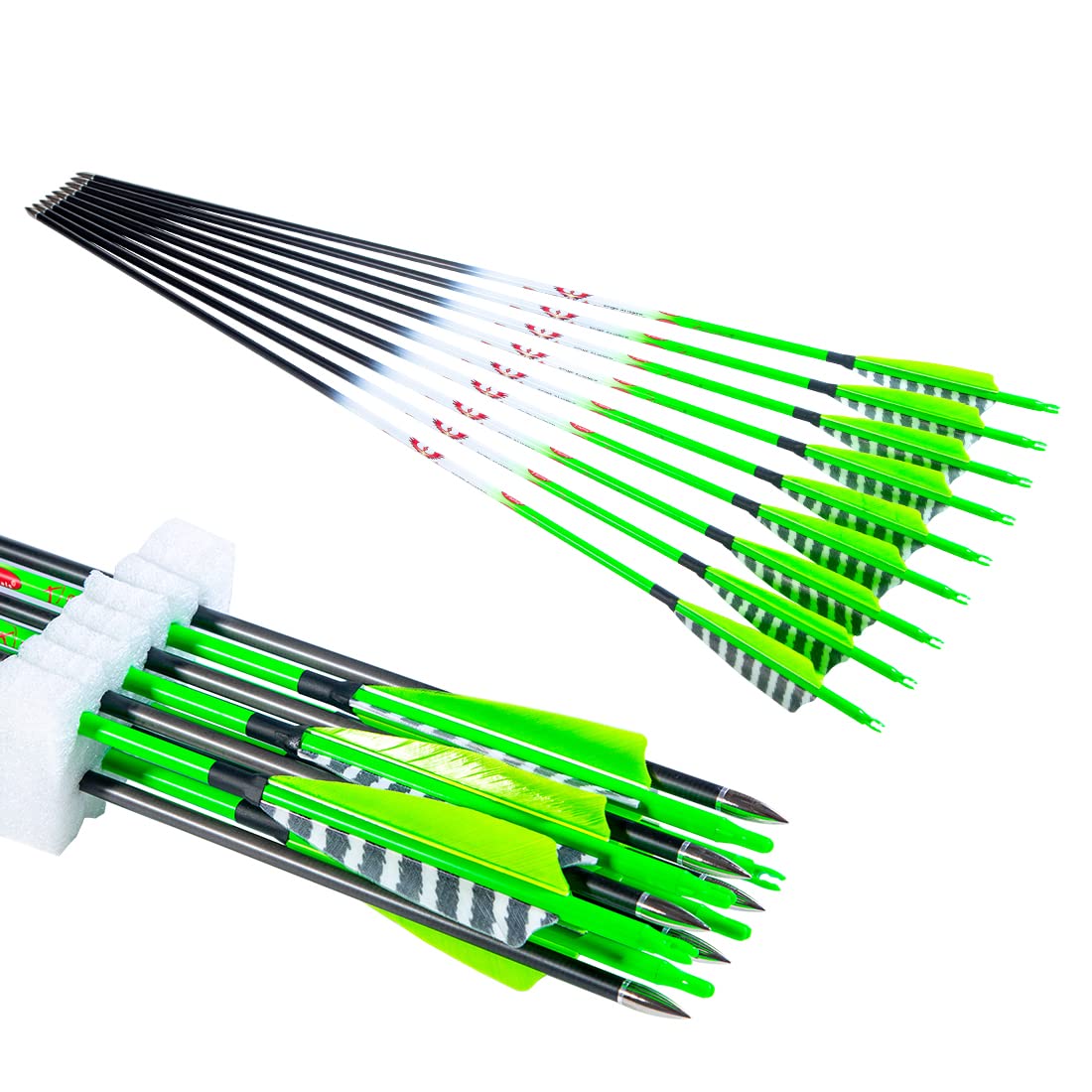 QunYing 300 340 400 500 600 Spine Traditional Archery Carbon Feather Arrows 31 Inch for Recurve Compound Bow Longbow Hunting Targets Arrow 12PCS Green 600