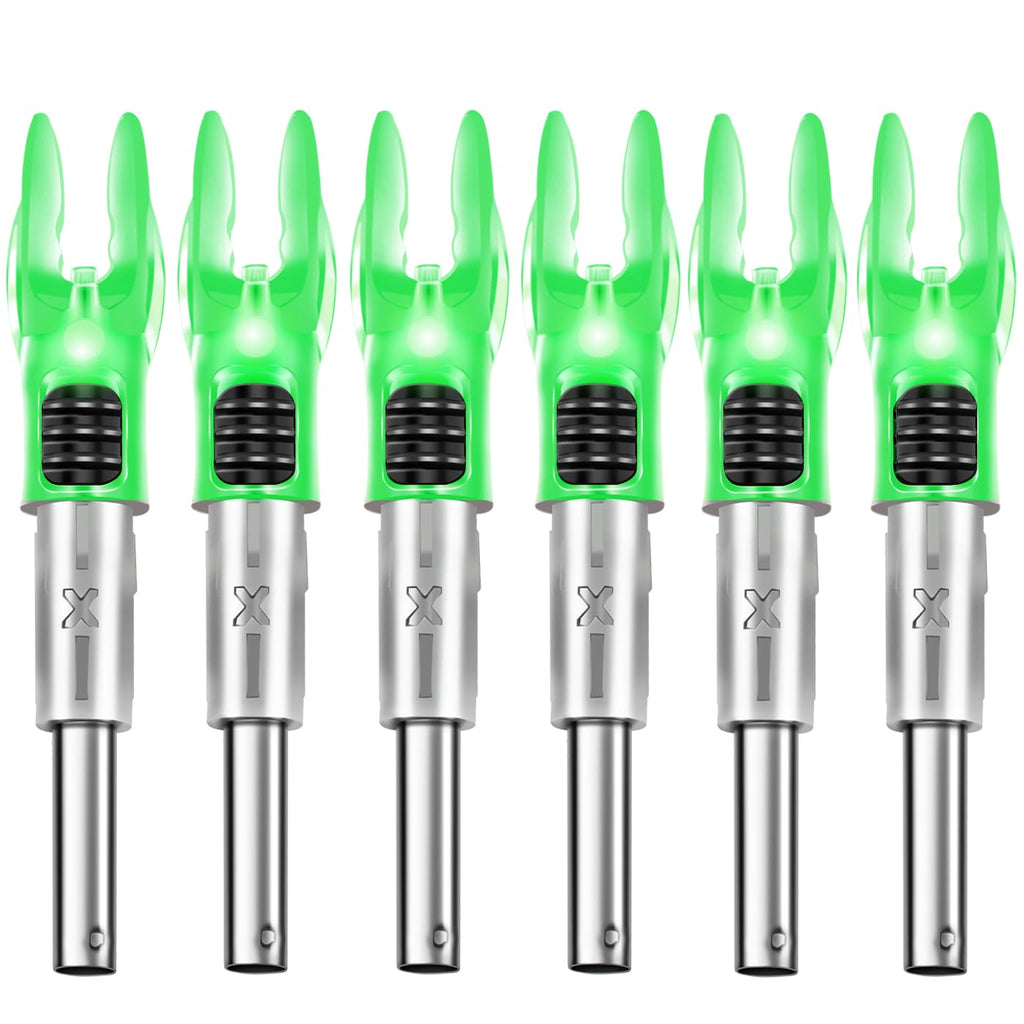 DEEPOWER X Lighted Nocks for Arrows .204”/.233”/.244”/.246” with ON/Off Switch 6-Pack with H, S, GT Bushings (Green-6Pack)