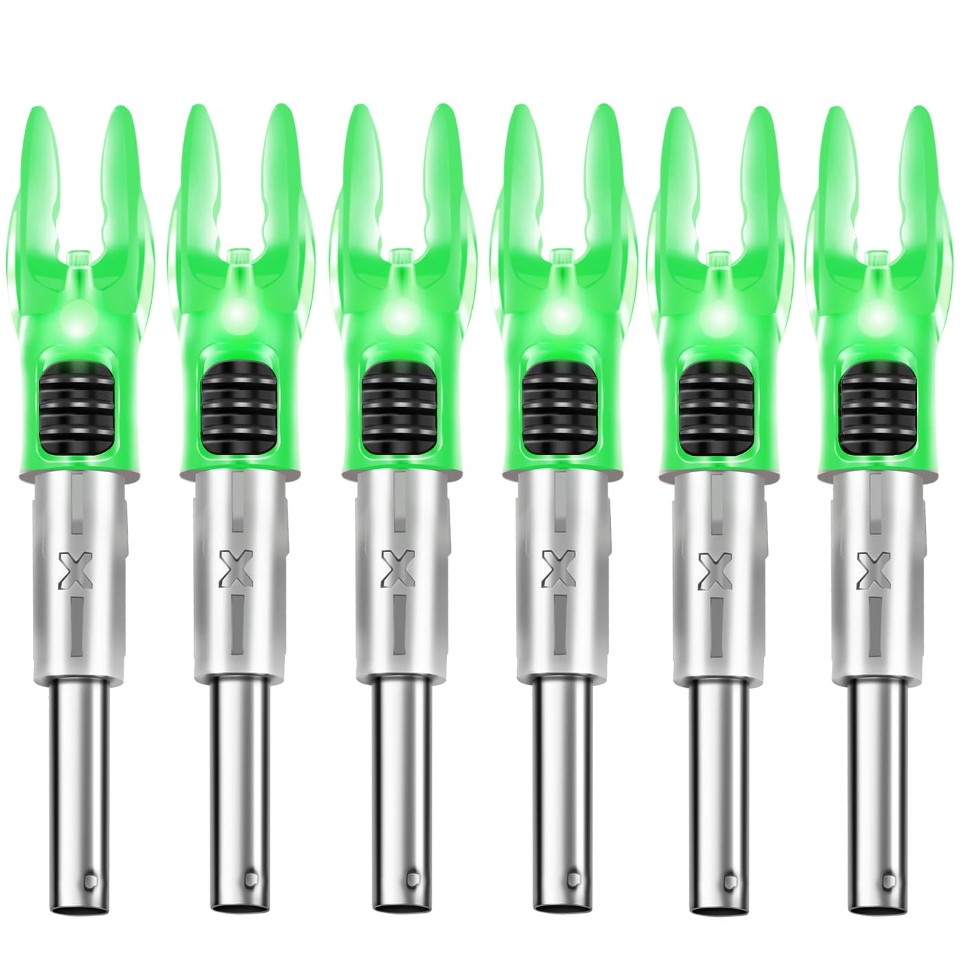 DEEPOWER X Lighted Nocks for Arrows .204”/.233”/.244”/.246” with ON/Off Switch 6-Pack with H, S, GT Bushings (Green-6Pack)