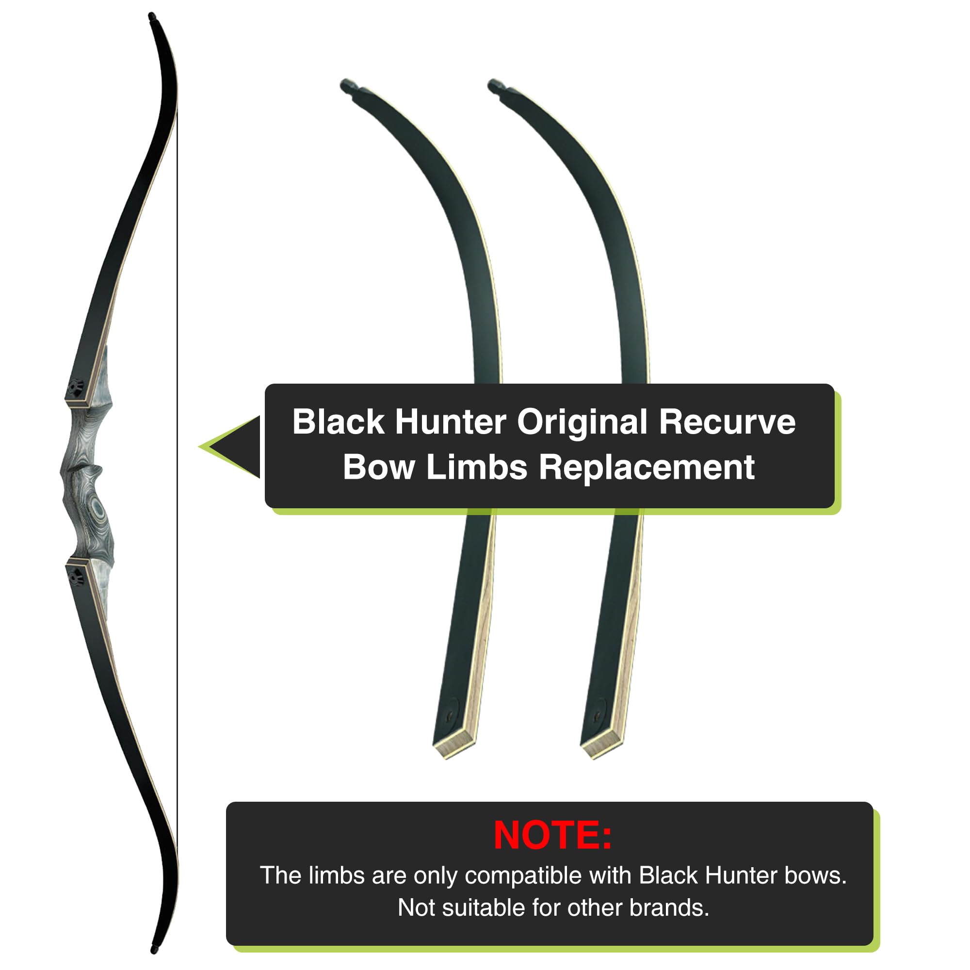 Black Hunter Original Recurve Bow Limbs Replacement, GLURAK 50lb Fiberglass and Bamboo Sheet Laminated Bow Limbs