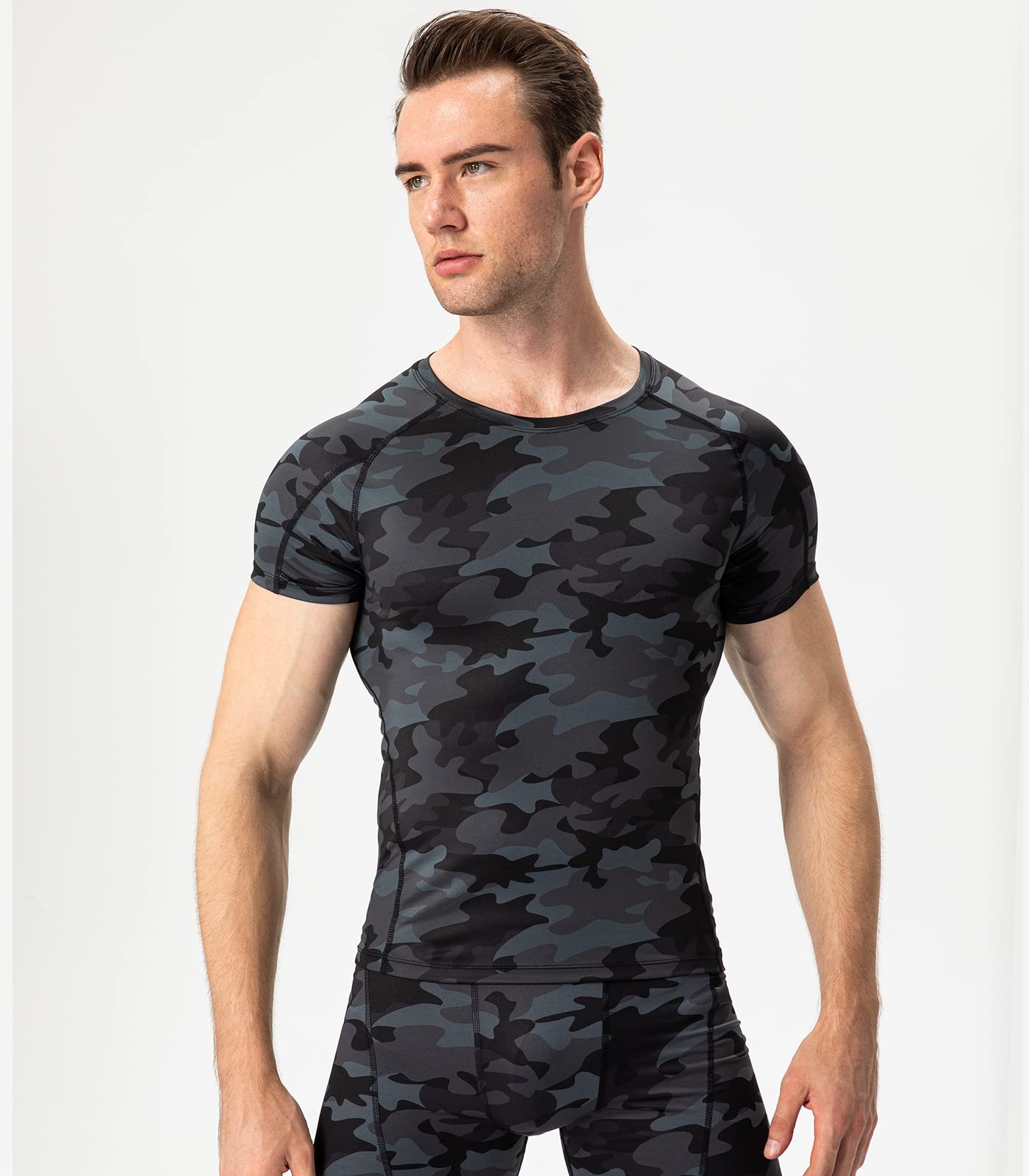 Camo Black Compression Shirts Men Short Sleeve Workout Gym T-Shirt Running Tops Cool Dry Sports Base Layer Undershirts