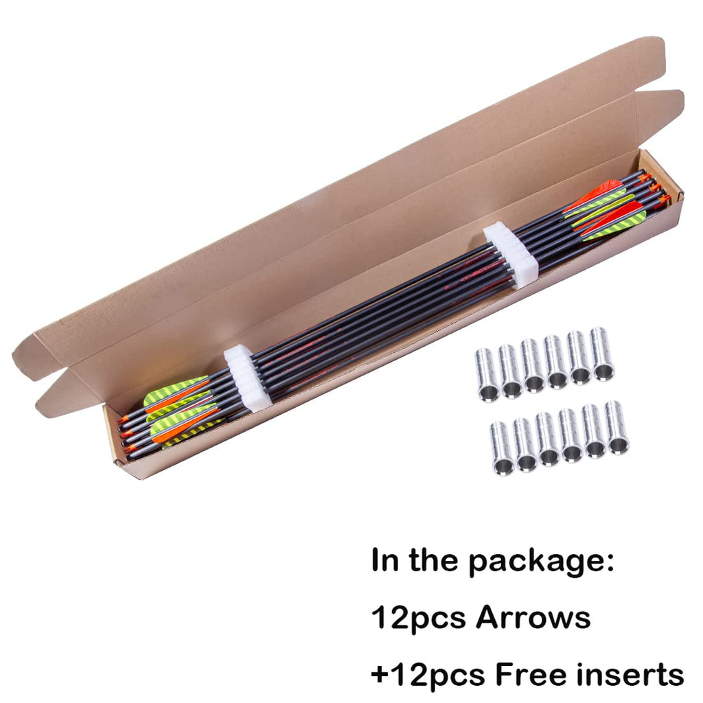 Pinals Traditional Archery 300 340 400 500 600 700 Spine Carbon Feather Arrows for Recurve Compound Bow Longbow Hunting Targets Arrow 12PCS 340 32"
