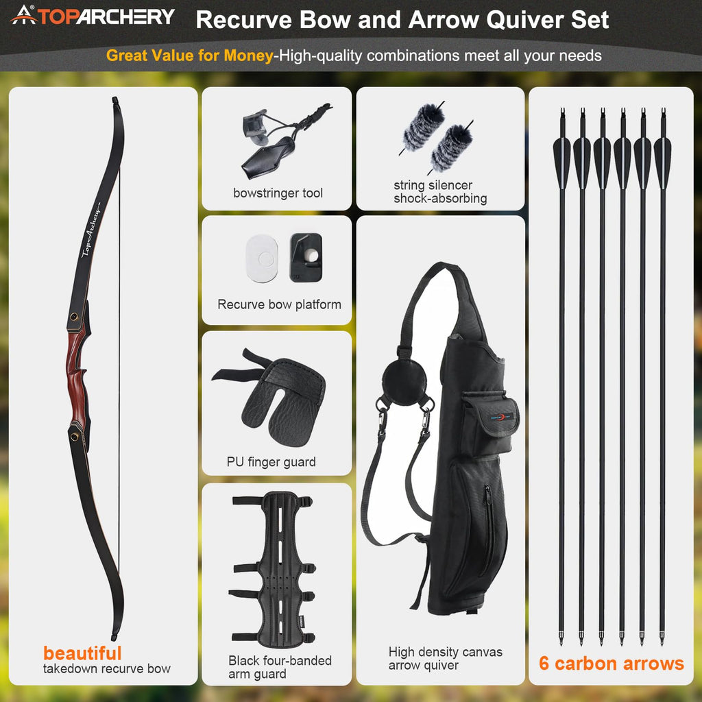 TOPARCHERY Archery 60" Takedown Hunting Recurve Bow and Arrow Set for Adults Practice Competition Longbow Kit with 6pcs Fiberglass Arrows Right Hand Black (50.00)