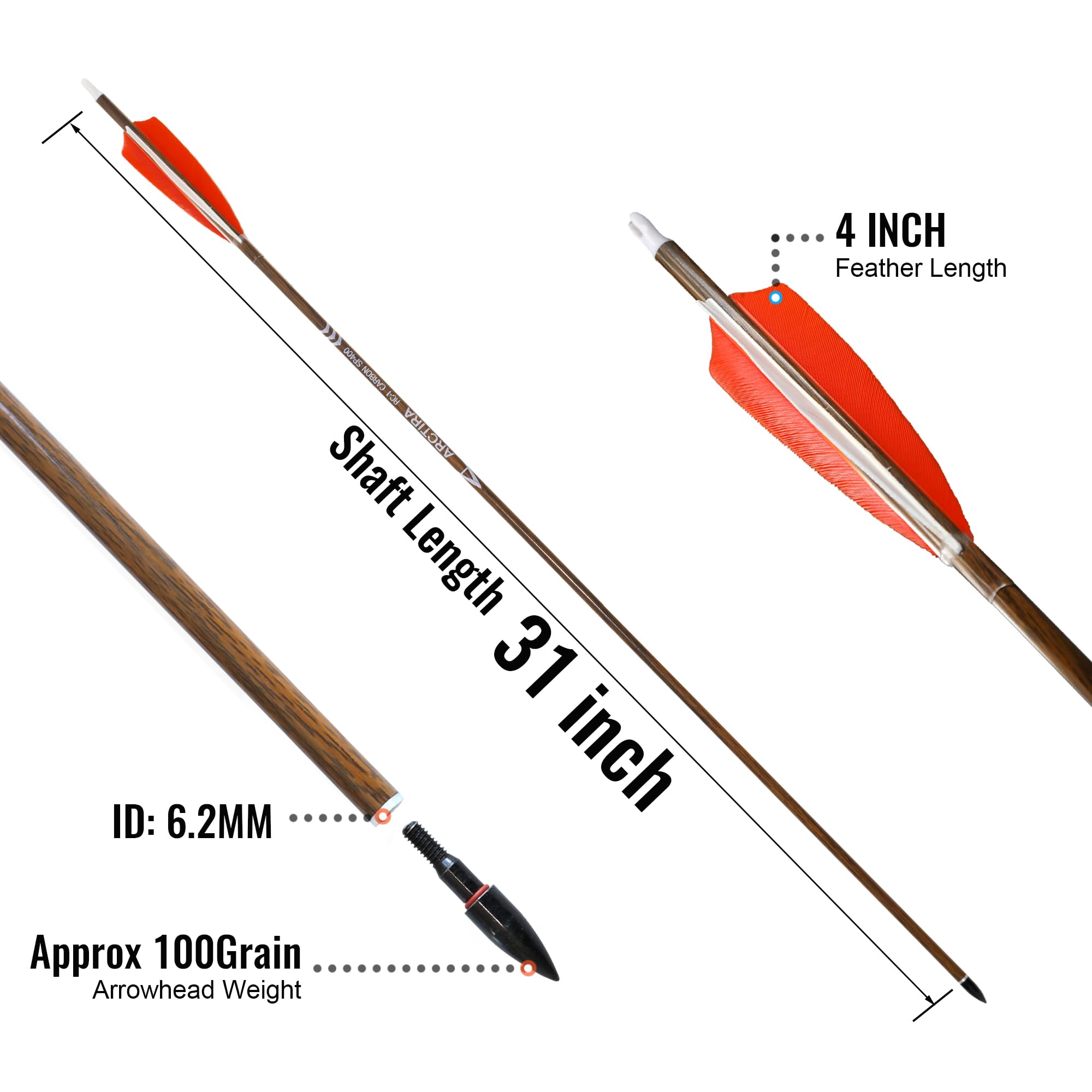 ARCTIRA 12Pcs Archery Traditional Carbon Arrows for Recurve Bow with Feather for Longbow Compound Bow Lightweight Hunting Arrows for Adults Target Practice (Brown Shaft, 500 Spine)