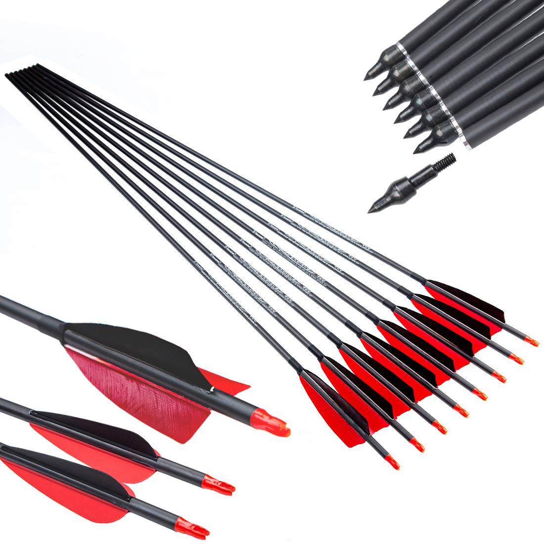 Pinals Archery 300 340 400 500 600 700 800 Spine Carbon Arrows for Compound Recurve Bow Traditional Longbow 30 32 Inch Shafts Hunting Target Feather Arrow 12PCS 700