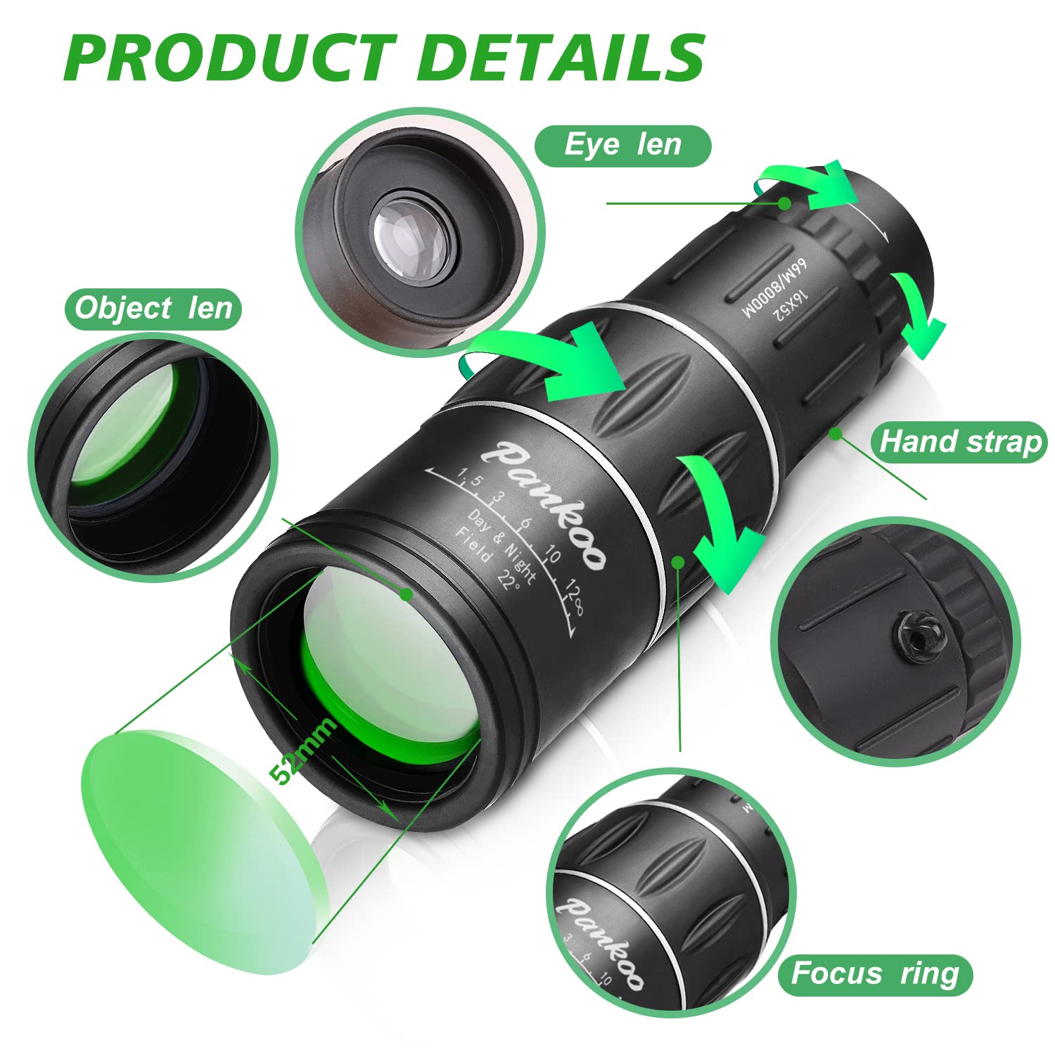 Monocular Telescope High Power 16X52, 2026 Power Prism Compact Monoculars for Adults Kids, Birthday Gifts for Men, Waterproof Fogproof Shockproof with Hand Strap, Bird Watching Hunting Camping Hiking