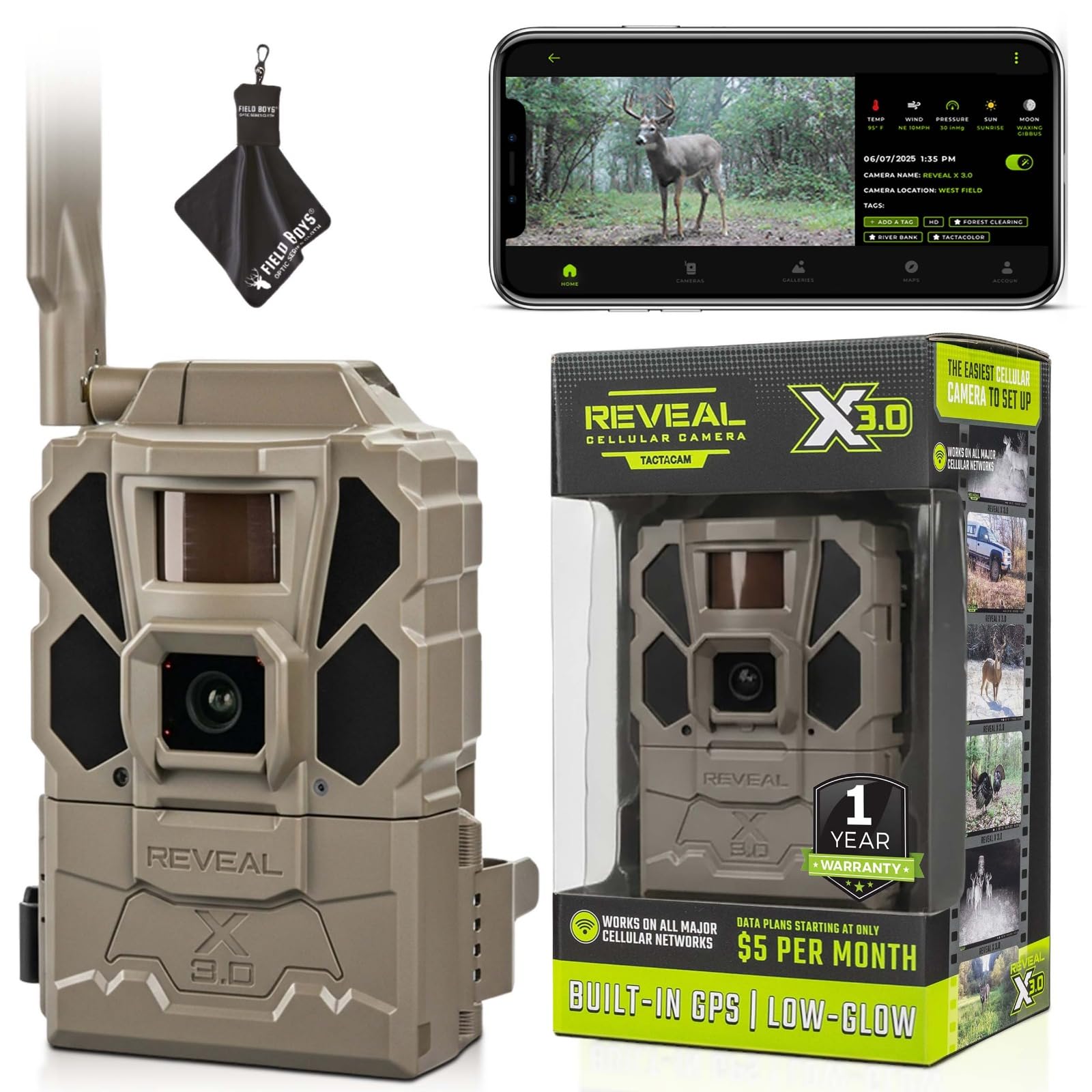 TACTACAM Reveal X Gen 3.0 Cellular Trail Camera - Multi Carrier, HD Photos & Videos, Pre-Installed Antenna, Built-in GPS, Best Battery Life, Low-Glow, Fast Trigger Speed + Cleaning Cloth (1 PK)