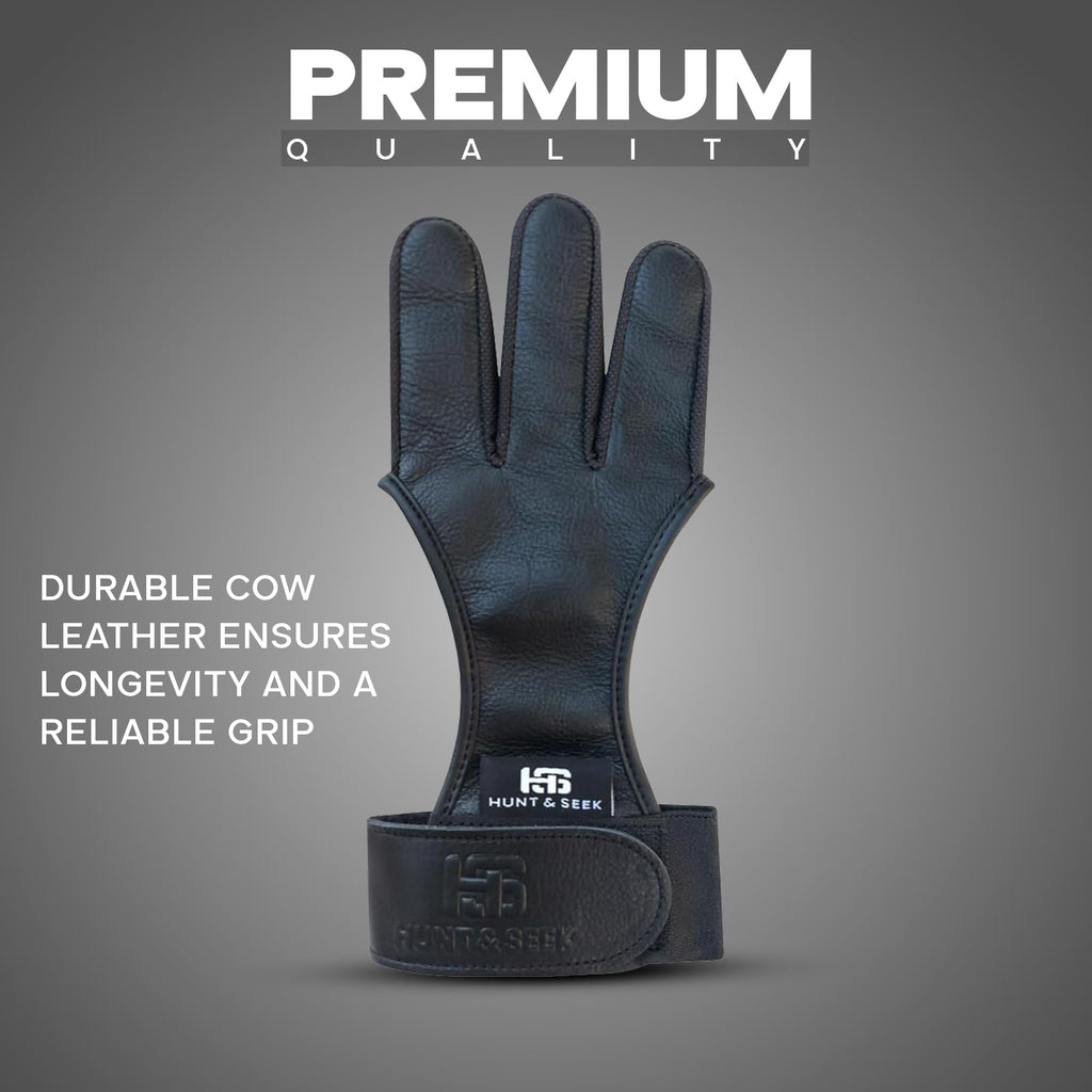 Hunt & Seek Cow Leather Thick Three Finger Archery Shooting Glove for Recurve & Compound Bow – Finger Tab Accessory (Black, Medium)