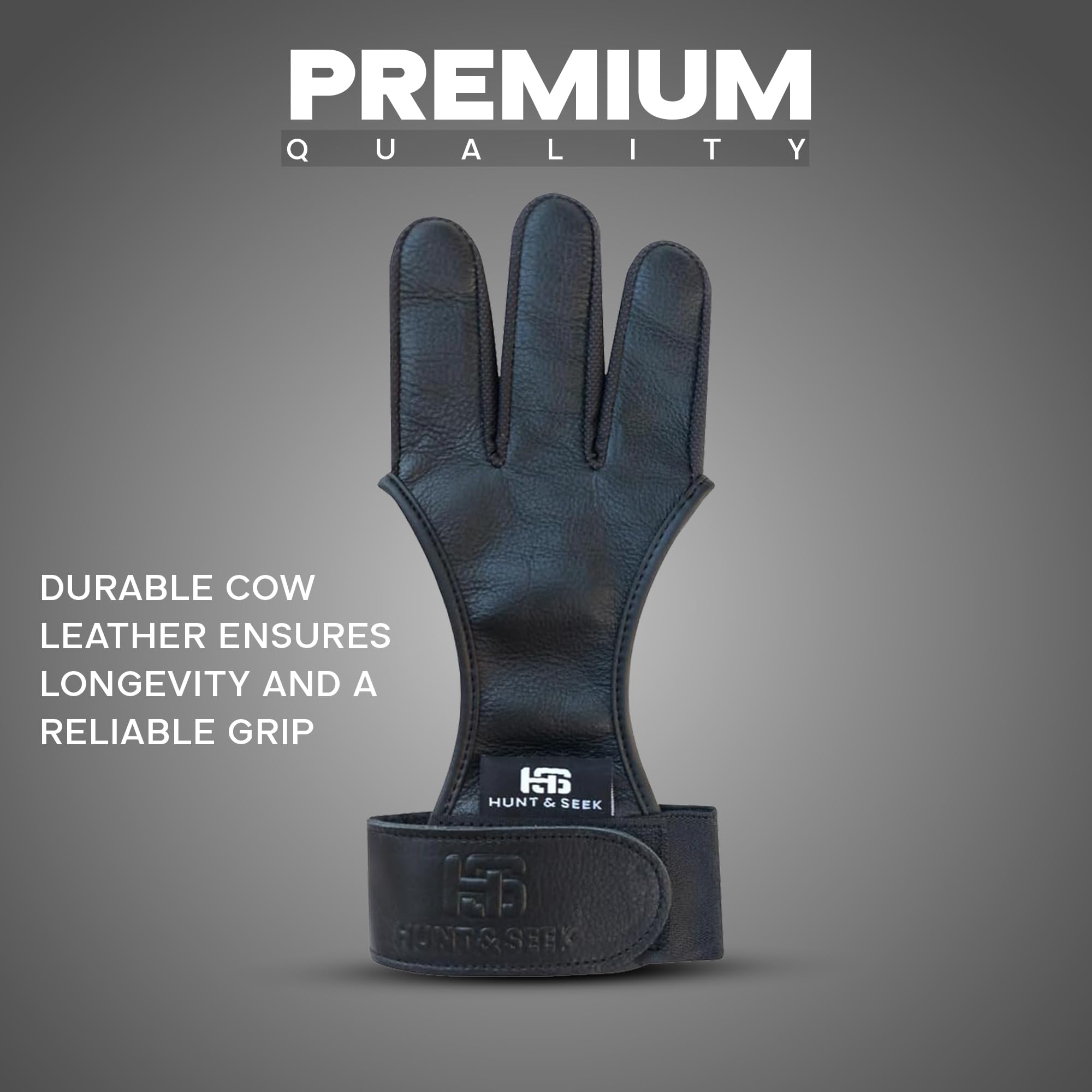 Hunt & Seek Cow Leather Thick Three Finger Archery Shooting Glove for Recurve & Compound Bow – Finger Tab Accessory (Black, Medium)