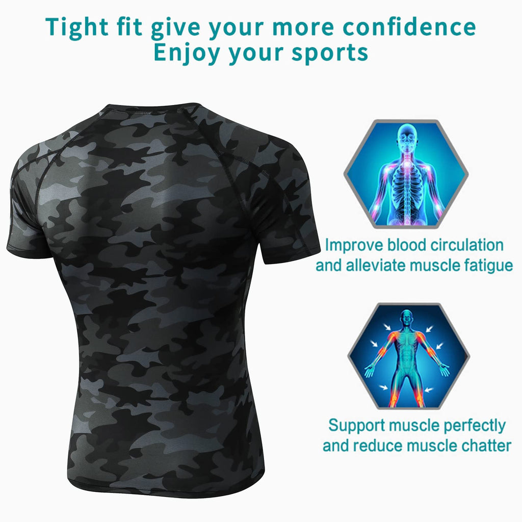 Camo Black Compression Shirts Men Short Sleeve Workout Gym T-Shirt Running Tops Cool Dry Sports Base Layer Undershirts