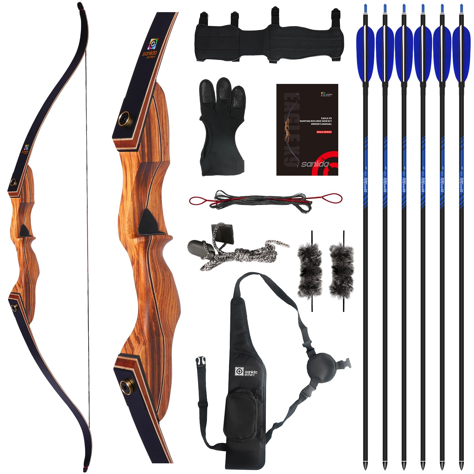 Sanlida Eagle X9 New 58” RTH Standard Hunting Recurve Bow and Arrow Set for Adults and Hunters, Wooden Takedown Recurve Bows Package for Outdoor, Hunting and Practice (50 Lbs, Right Hand)