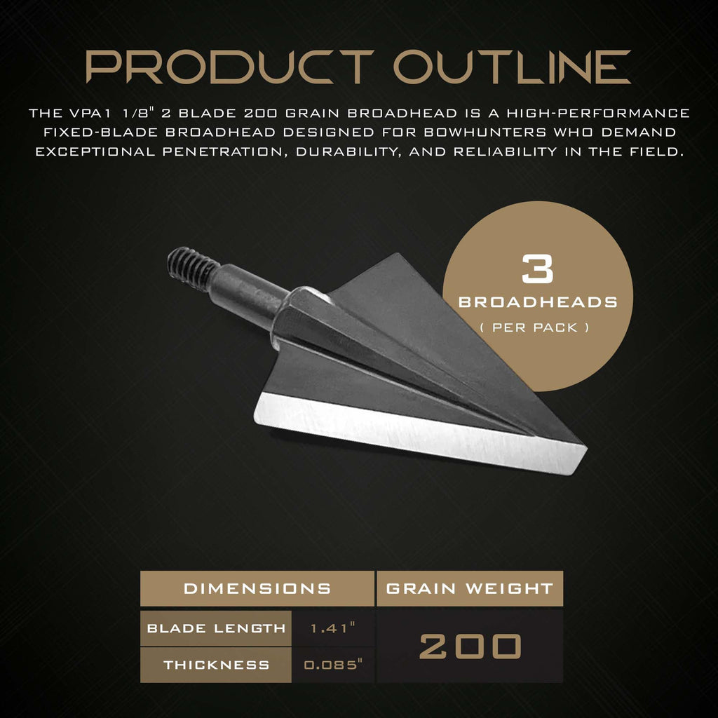 Vantage Point Archery VPA 1 1/8" 2 Blade 200 Grain Right Single Bevel Broadhead, Screw-in, 1045 Carbon Tool Steel 50-52 Rockwell, 3 Pack, Made in The USA