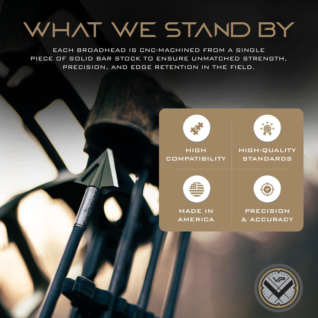 Vantage Point Archery VPA 1 1/8" 2 Blade 200 Grain Right Single Bevel Broadhead, Screw-in, 1045 Carbon Tool Steel 50-52 Rockwell, 3 Pack, Made in The USA