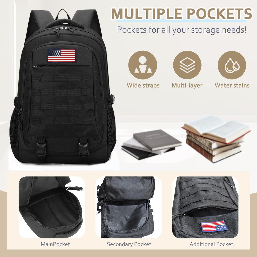 CGYCSY Tactical Backpack - 19'' Waterproof School Bag for Kids, 15.6" Laptop Compartment & MOLLE Webbing for Camping Hiking Travel