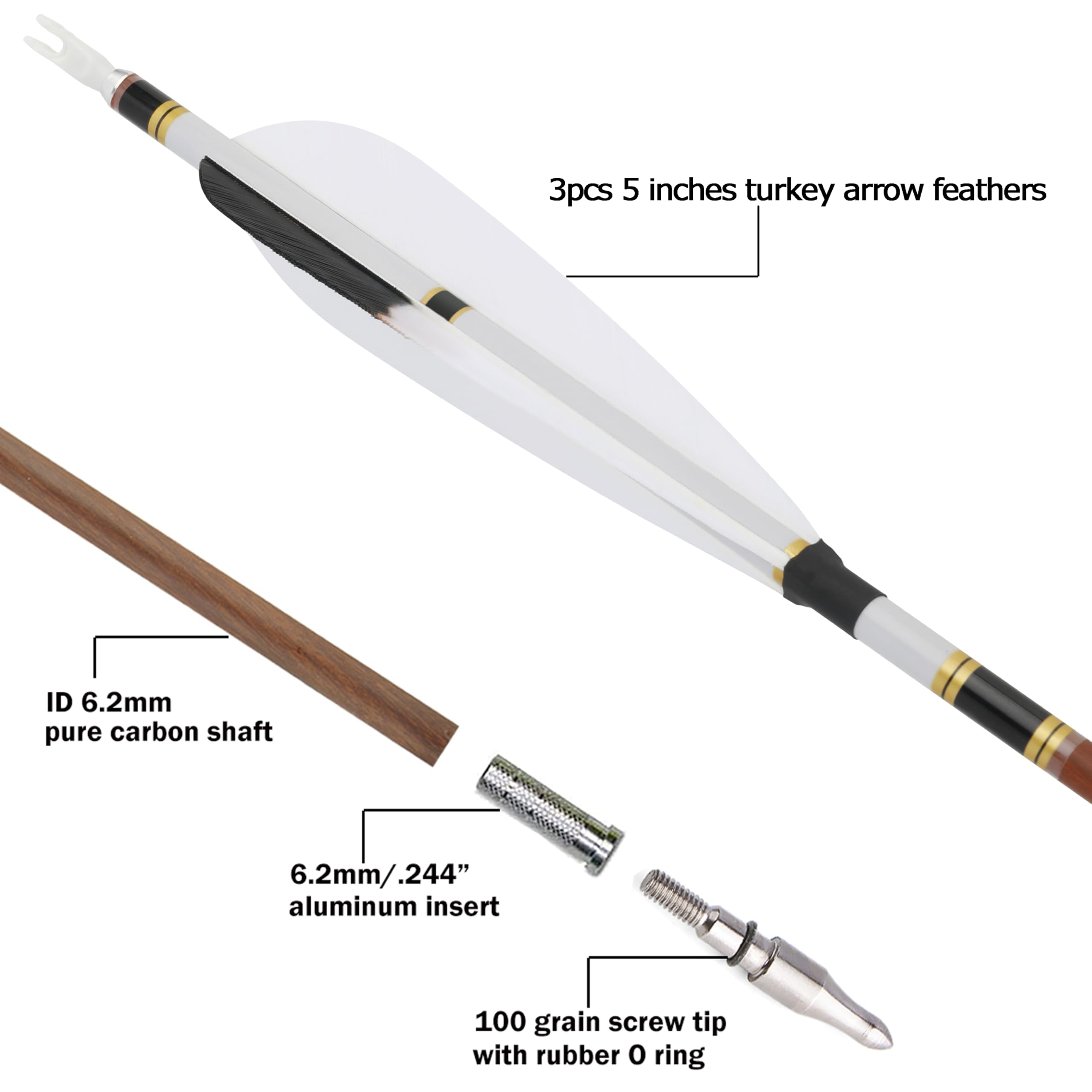 ZSHJGJR 31" Carbon Arrows Spine 340 400 500 600 Archery Hunting Arrows with Natural Feather Removable Tips Targeting Arrows for Compound & Recurve & Traditional Bow 6/12pcs (Spine 400, 12pcs)