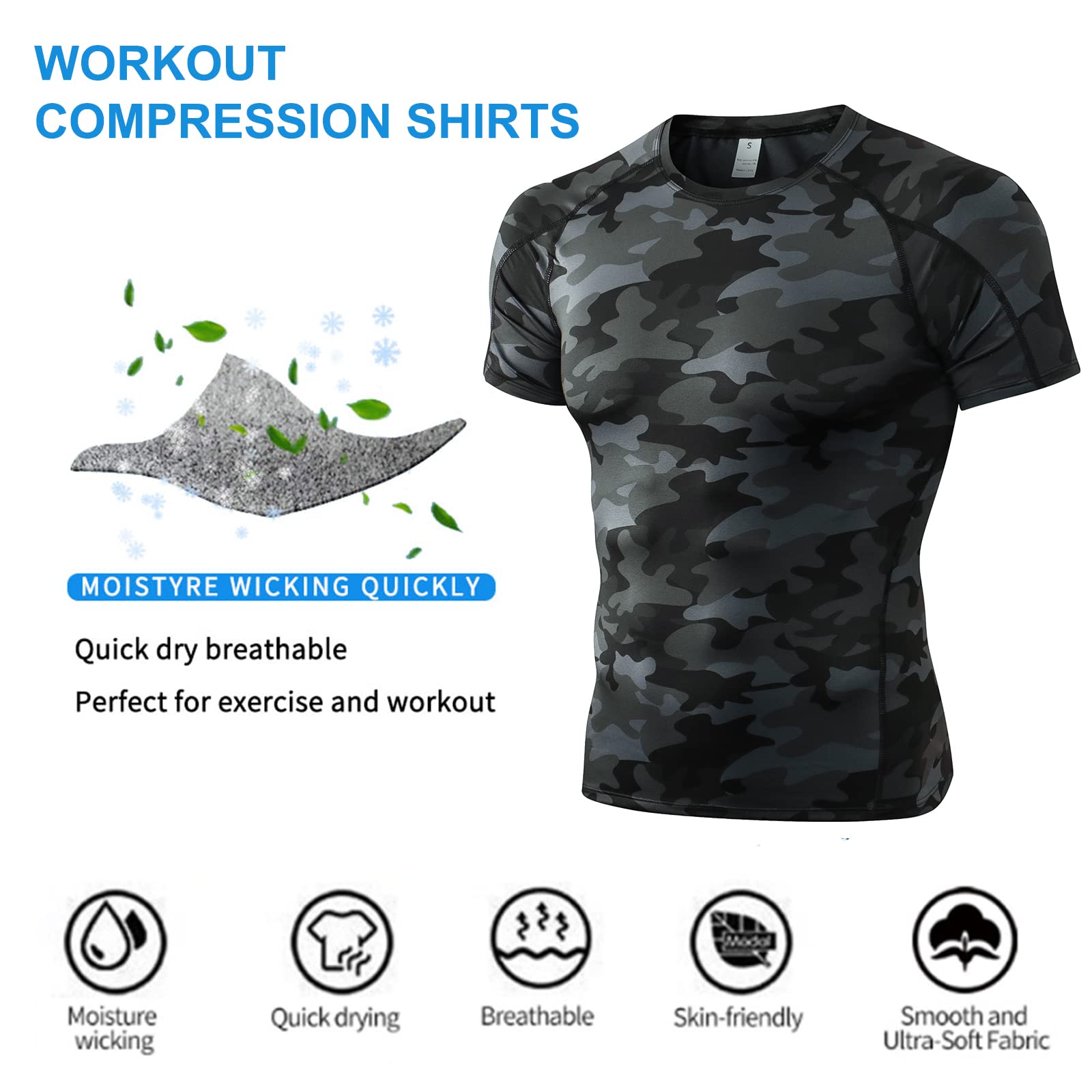Camo Black Compression Shirts Men Short Sleeve Workout Gym T-Shirt Running Tops Cool Dry Sports Base Layer Undershirts