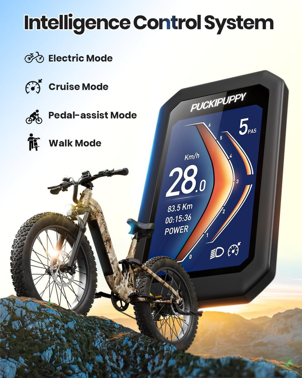PUCKIPUPPY Electric Bike for Adult with 48V 20AH Battery and 960W Motor, 80 Miles Range, Electric Mountain Bike with 26" Fat Tire, for City and Mountain Road, 28MPH Ebike, Camouflage, Boxer ST