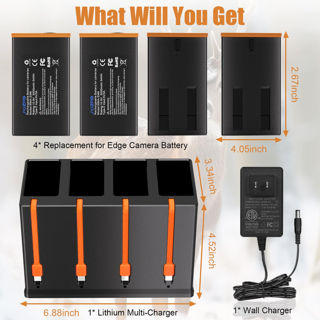 JYJZPB 4 Pack Rechargeable Battery for Moultrie Battery pack+4 Port Charger Compatible with Moultrie Cellular Trail Camera EDGE,EDGE 2,EDGE 3,EDGE PRO,EDGE 2 PRO,EDGE 3 PRO,USB-C Solar Panels Charging