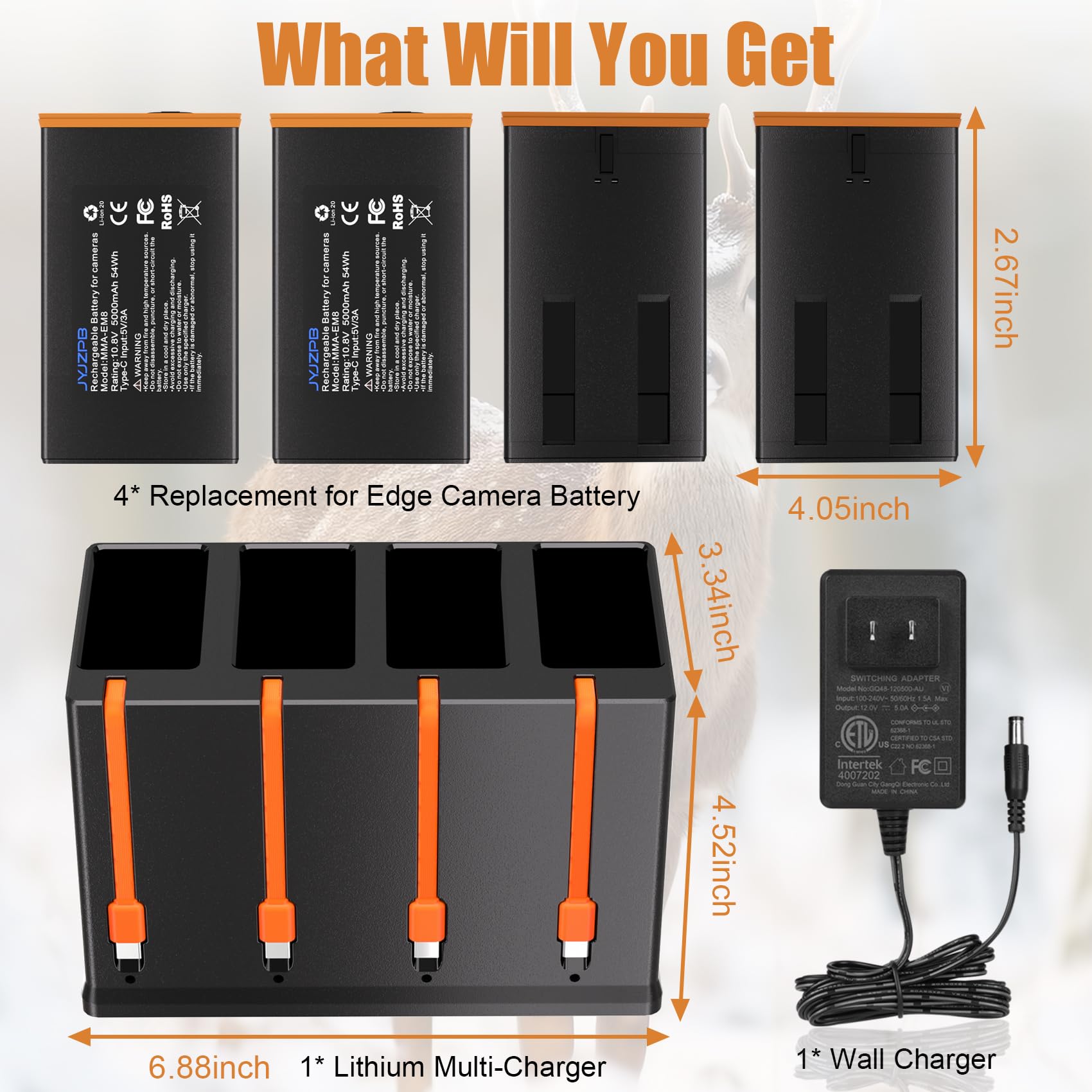 JYJZPB 4 Pack Rechargeable Battery for Moultrie Battery pack+4 Port Charger Compatible with Moultrie Cellular Trail Camera EDGE,EDGE 2,EDGE 3,EDGE PRO,EDGE 2 PRO,EDGE 3 PRO,USB-C Solar Panels Charging