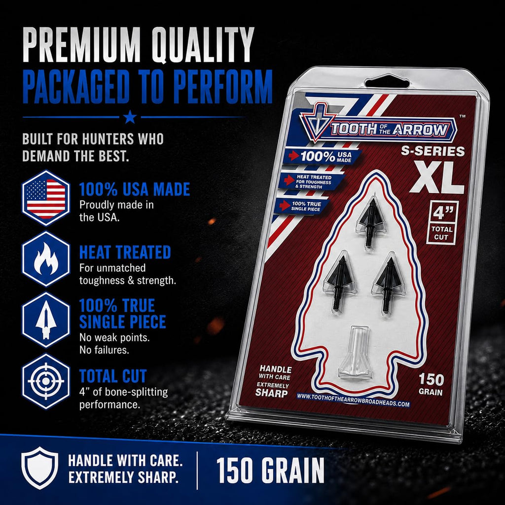 Tooth Of The Arrow Broadheads - 150 Grain - 100% USA Made - Broadhead for Crossbow and Compound Bow - Premium Archery Broadheads for Hunting - Fixed Blade - 3 Pack (1-3/16-Inch)