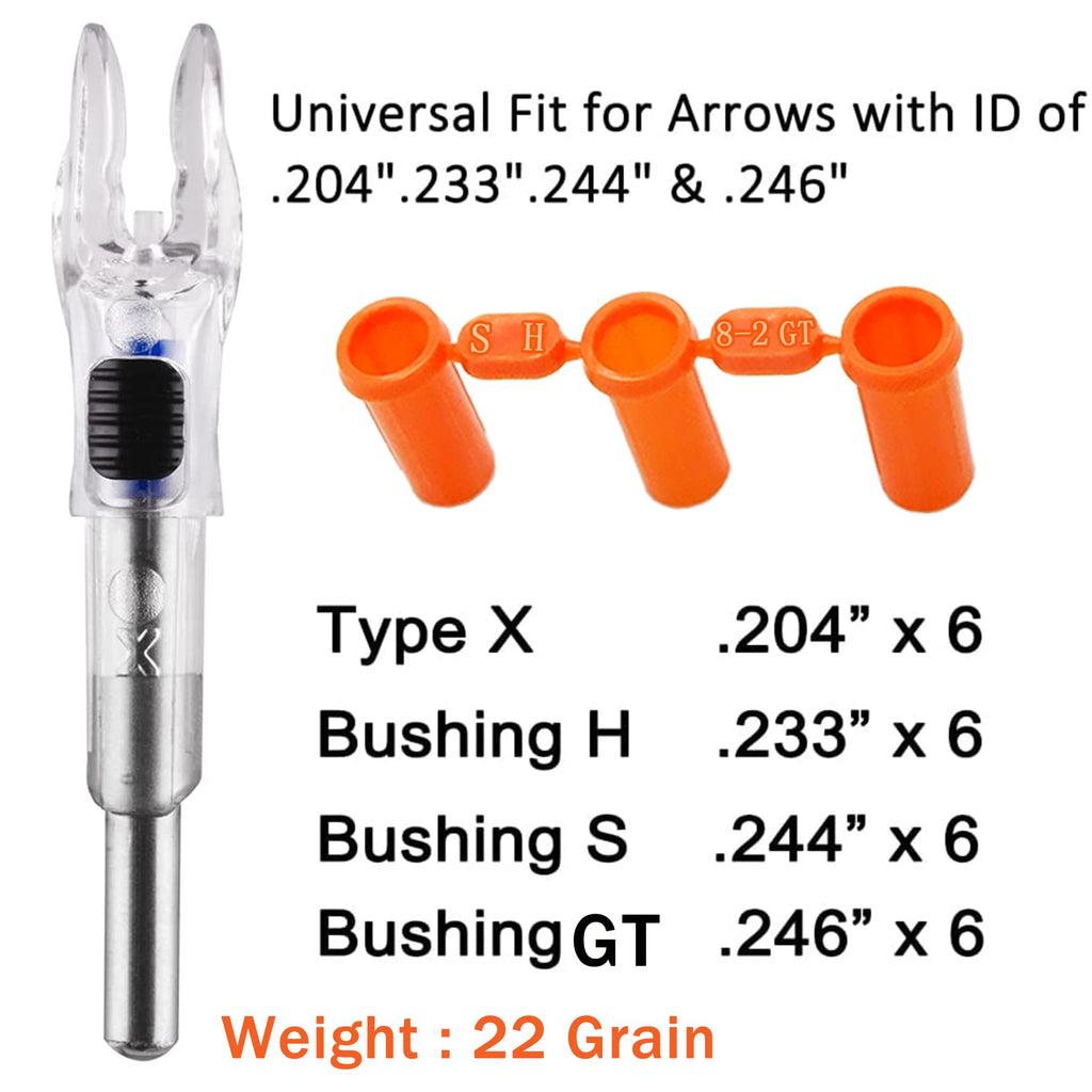 KEAUP 6PCS X Lighted Nocks for Arrows with .204 .233 .244 .246 Inside Diameter with H, S, GT Bushings High-Visibility LED Arrow Nocks, ON/Off Switch Included