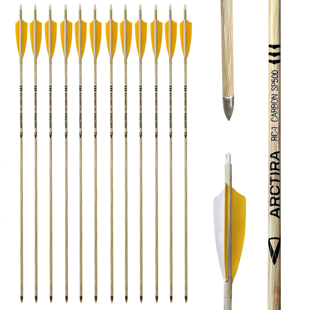 ARCTIRA 12Pcs Archery Traditional Carbon Arrows for Recurve Bow with Feather for Longbow Compound Bow Lightweight Hunting Arrows for Adults Target Practice (White Shaft, 600 Spine)