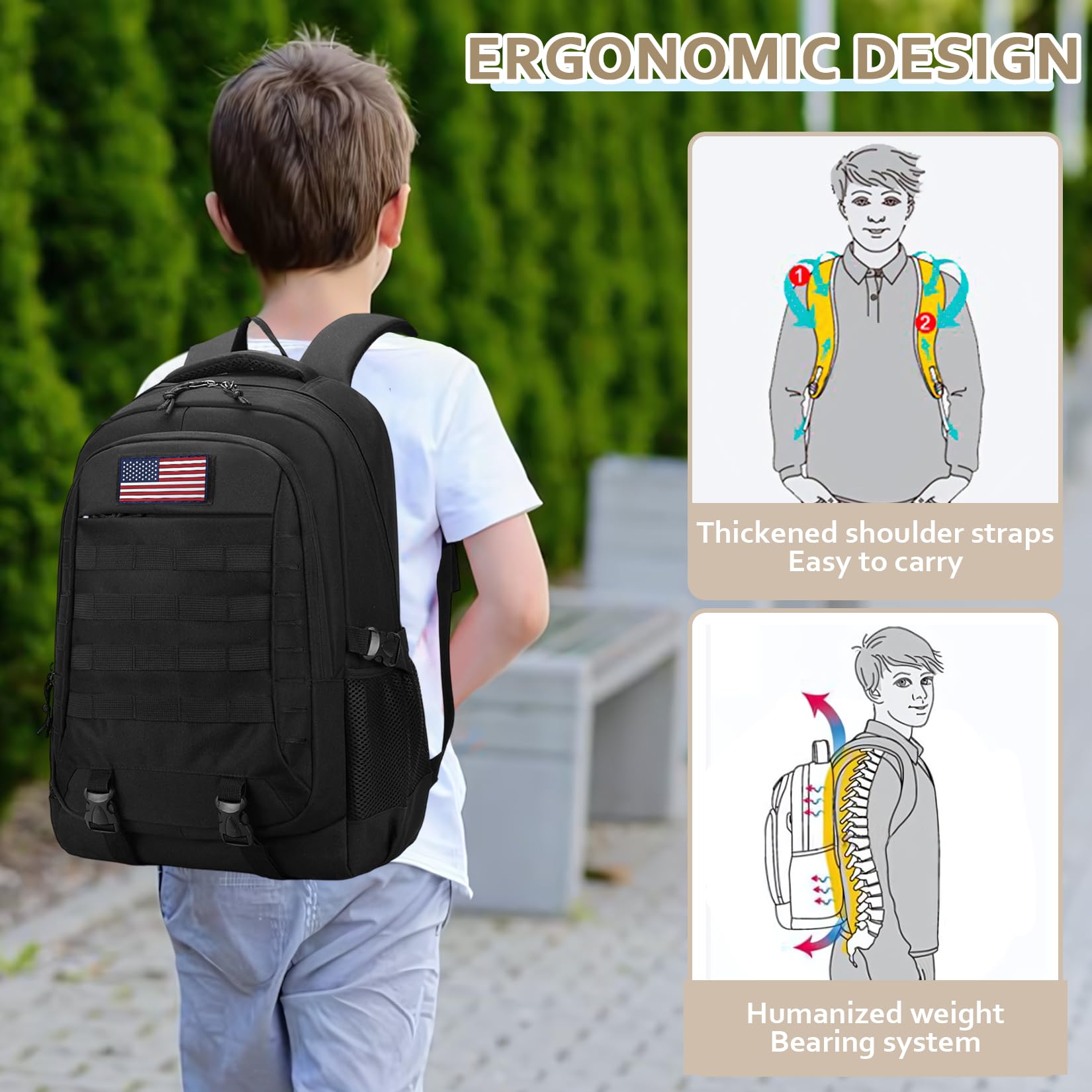 CGYCSY Tactical Backpack - 19'' Waterproof School Bag for Kids, 15.6" Laptop Compartment & MOLLE Webbing for Camping Hiking Travel