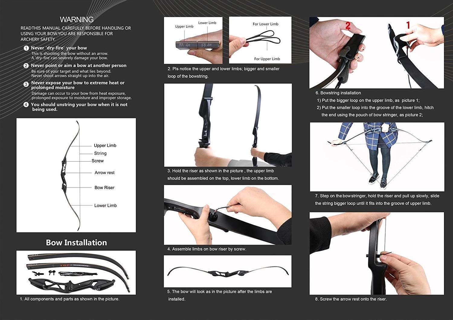 TOPARCHERY Archery 56" Takedown Recurve Bow and Arrow Set Metal Riser Right Hand Black Bow and Arrow Kit with 6Pcs Carbon Arrows Right Hand (35)