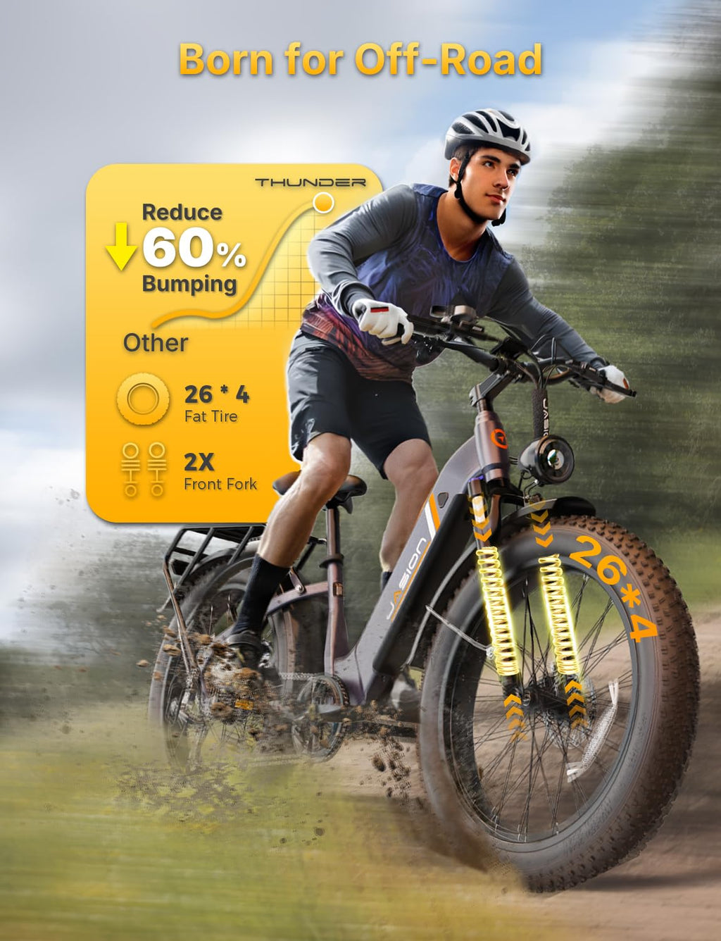 Jasion Thunder Electric Bike for Adults,1800W Peak Fat Tire E Bikes,26''x 4'',80 Miles with 864Wh Removable Battery Ebike, 30+MPH Max Speed Bicycles,Hydraulic Brakes,Front Suspension