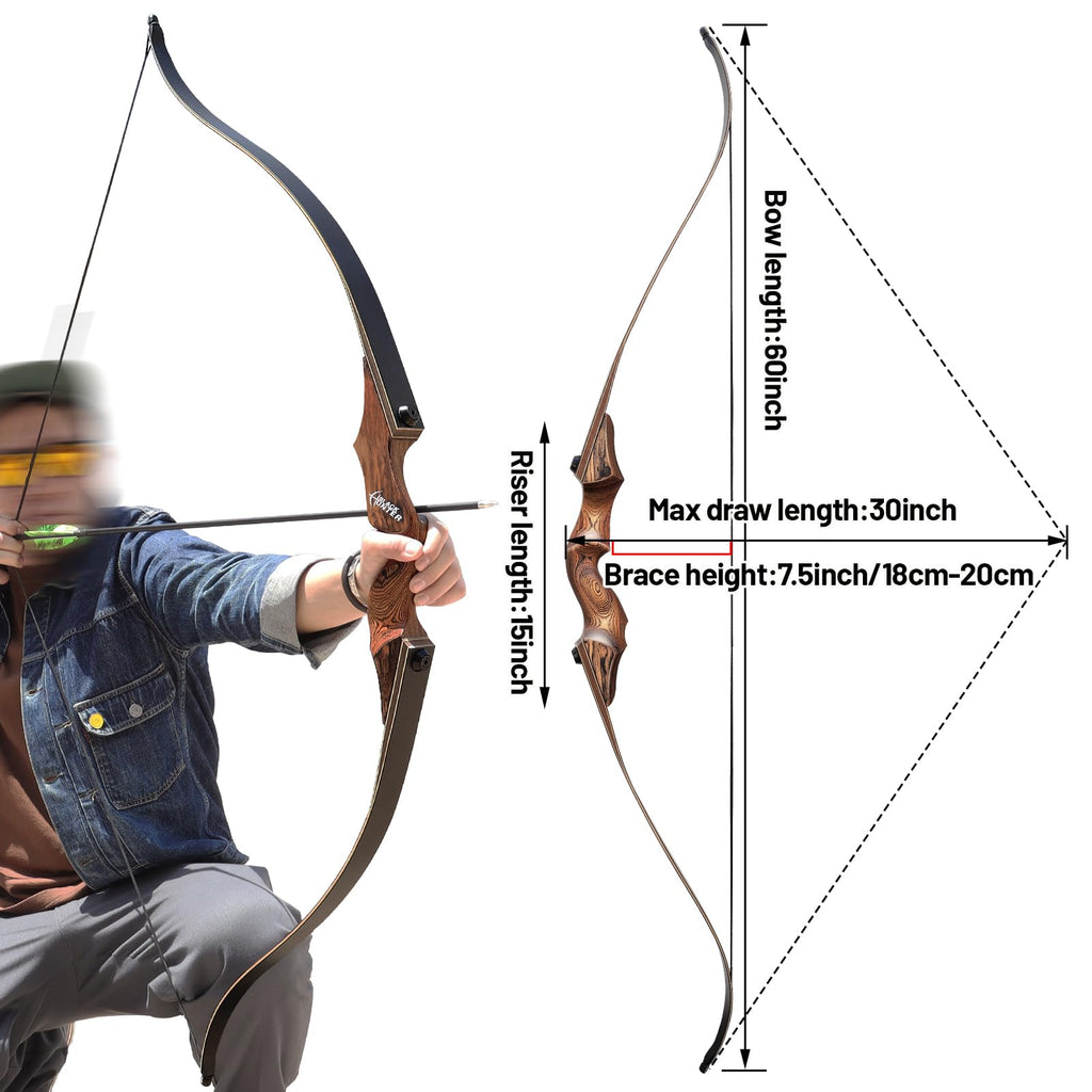 Black Hunter 60 inch Archery Recurve Bow and Arrows Set for Adults with 12 Pcs Carbon Arrows 20-60lb Recurve Hunting Bow for Adults and Beginners to Advanced Outdoor Practice (40 lbs)