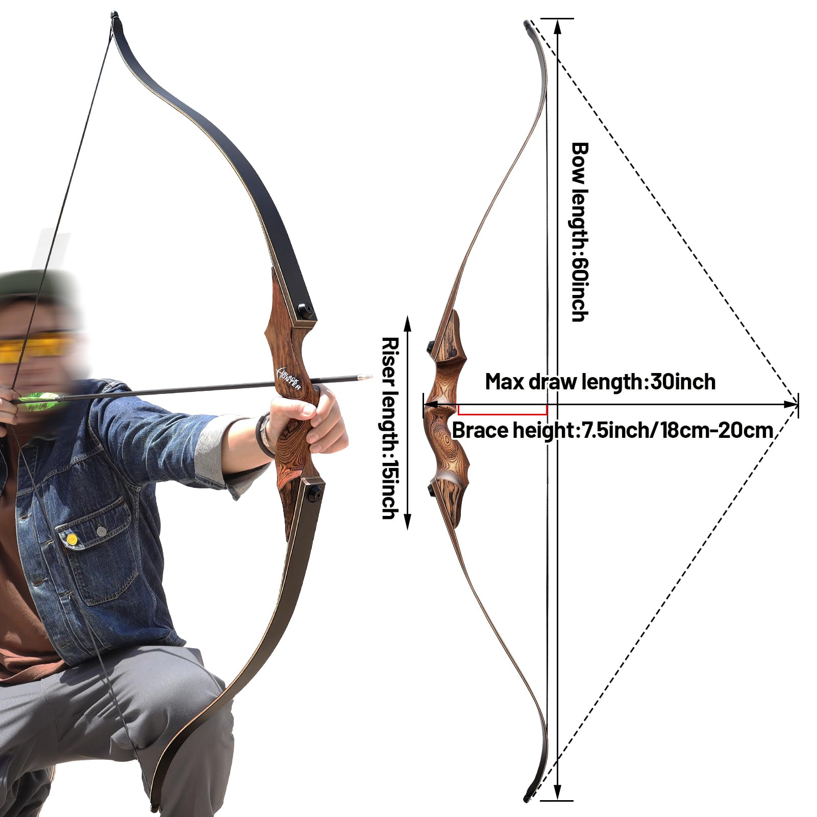 Black Hunter 60 inch Archery Recurve Bow and Arrows Set for Adults with 12 Pcs Carbon Arrows 20-60lb Recurve Hunting Bow for Adults and Beginners to Advanced Outdoor Practice (40 lbs)