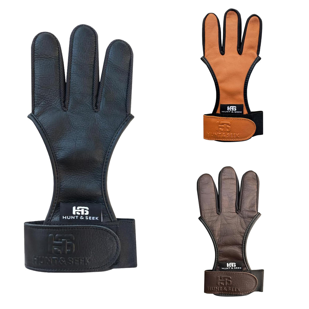 Hunt & Seek Cow Leather Thick Three Finger Archery Shooting Glove for Recurve & Compound Bow – Finger Tab Accessory (Black, Medium)
